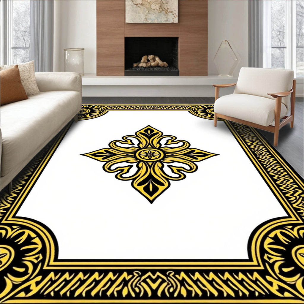 Ornate Gold Floral Centerpiece Frame Rug