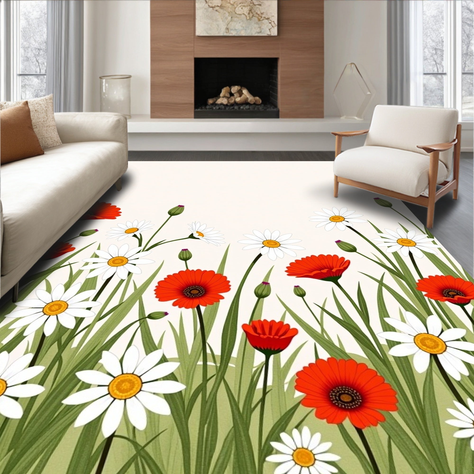 Wildflower Meadow Red Daisy Design Rug