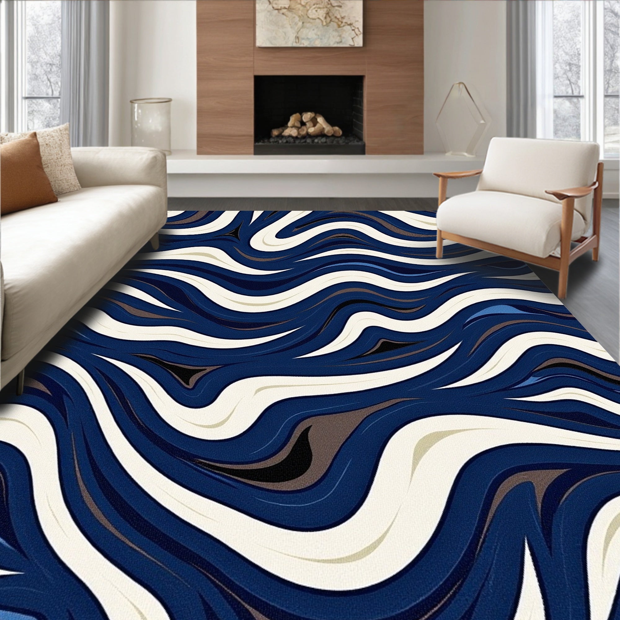 Dynamic Wavy Blue Cream Abstract Rug