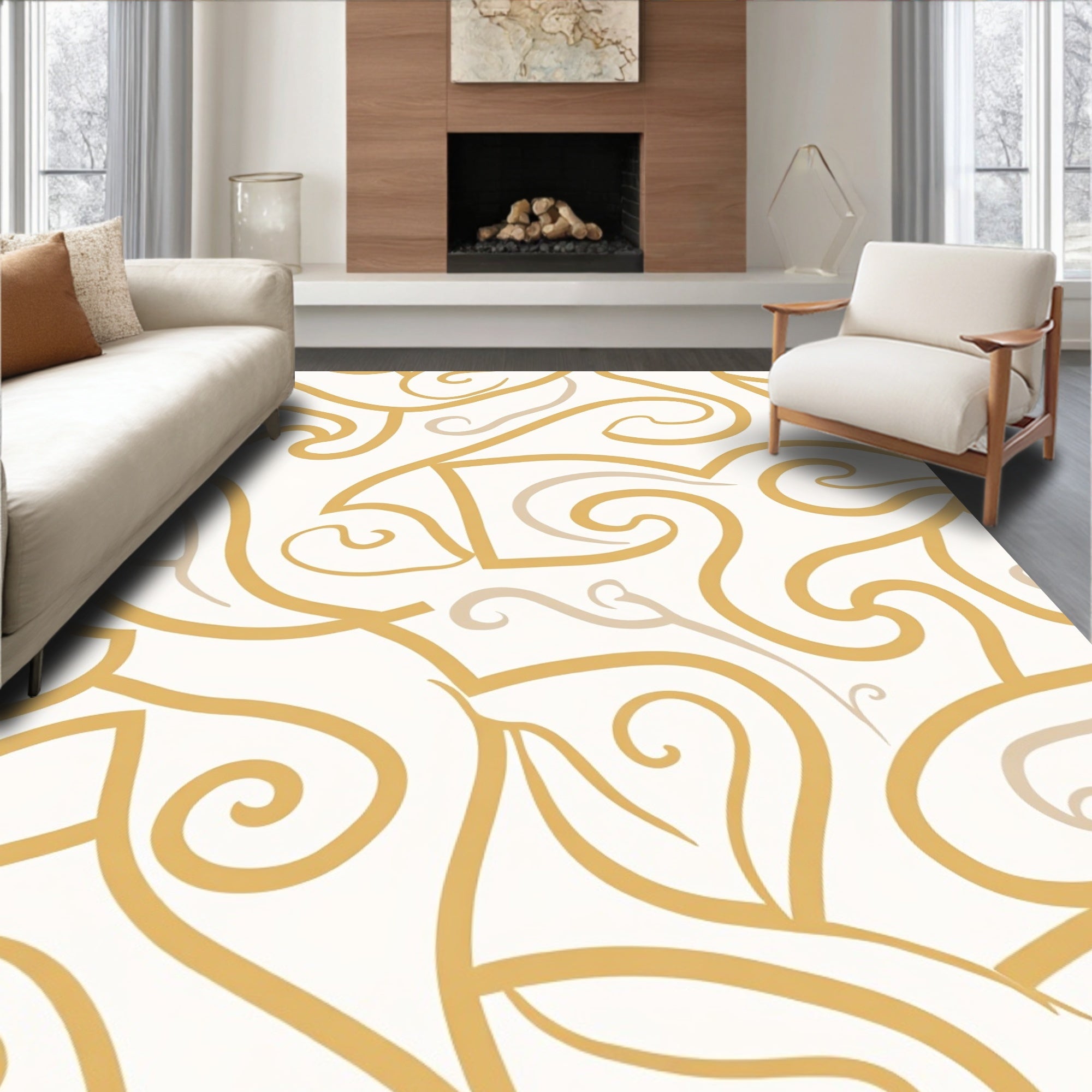 Abstract Yellow Swirl Pattern Design Rug