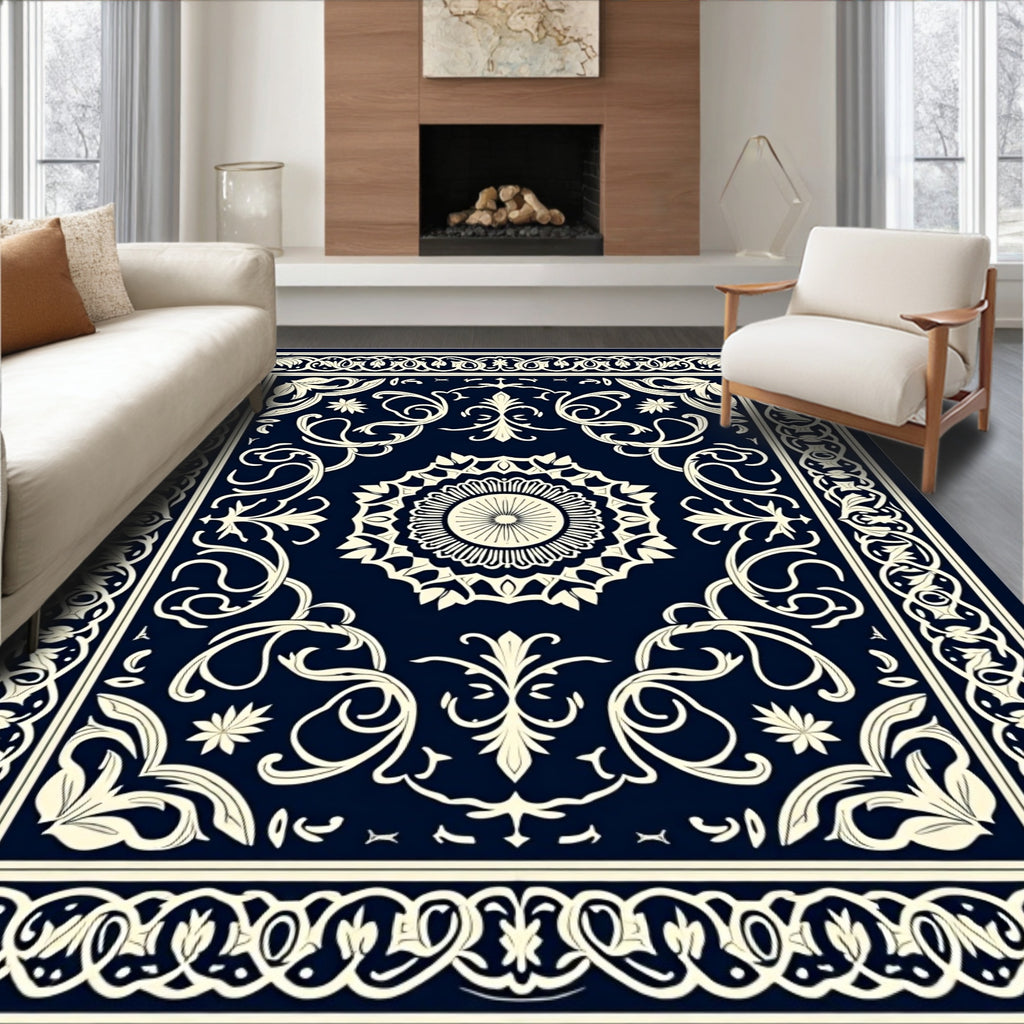 Ornate Floral Dark Blue Artwork Rug