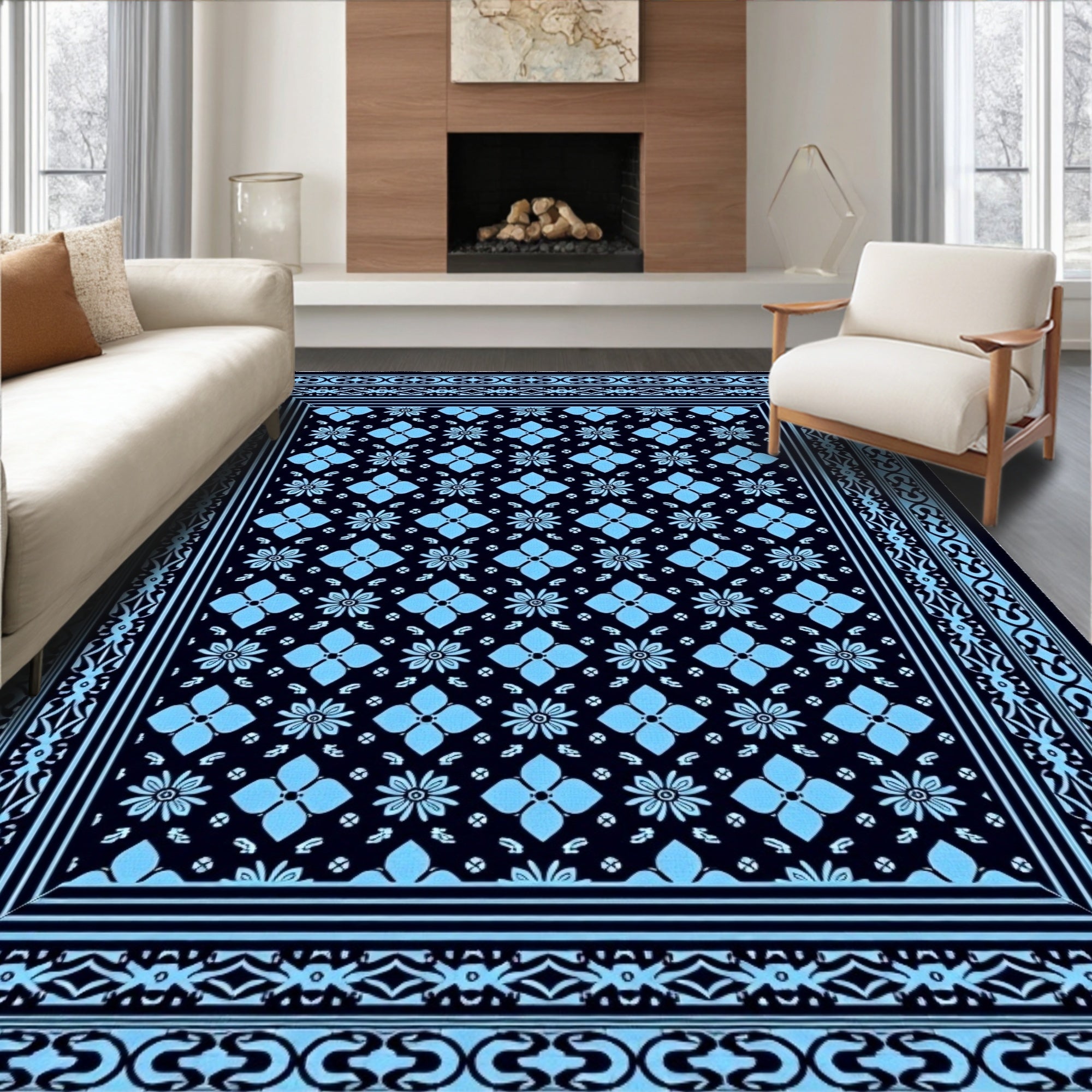 Classic Blue Floral Bordered Rug