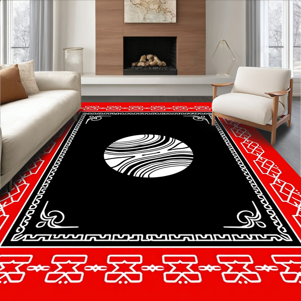 Bold Red White Geometric Circle Design Rug
