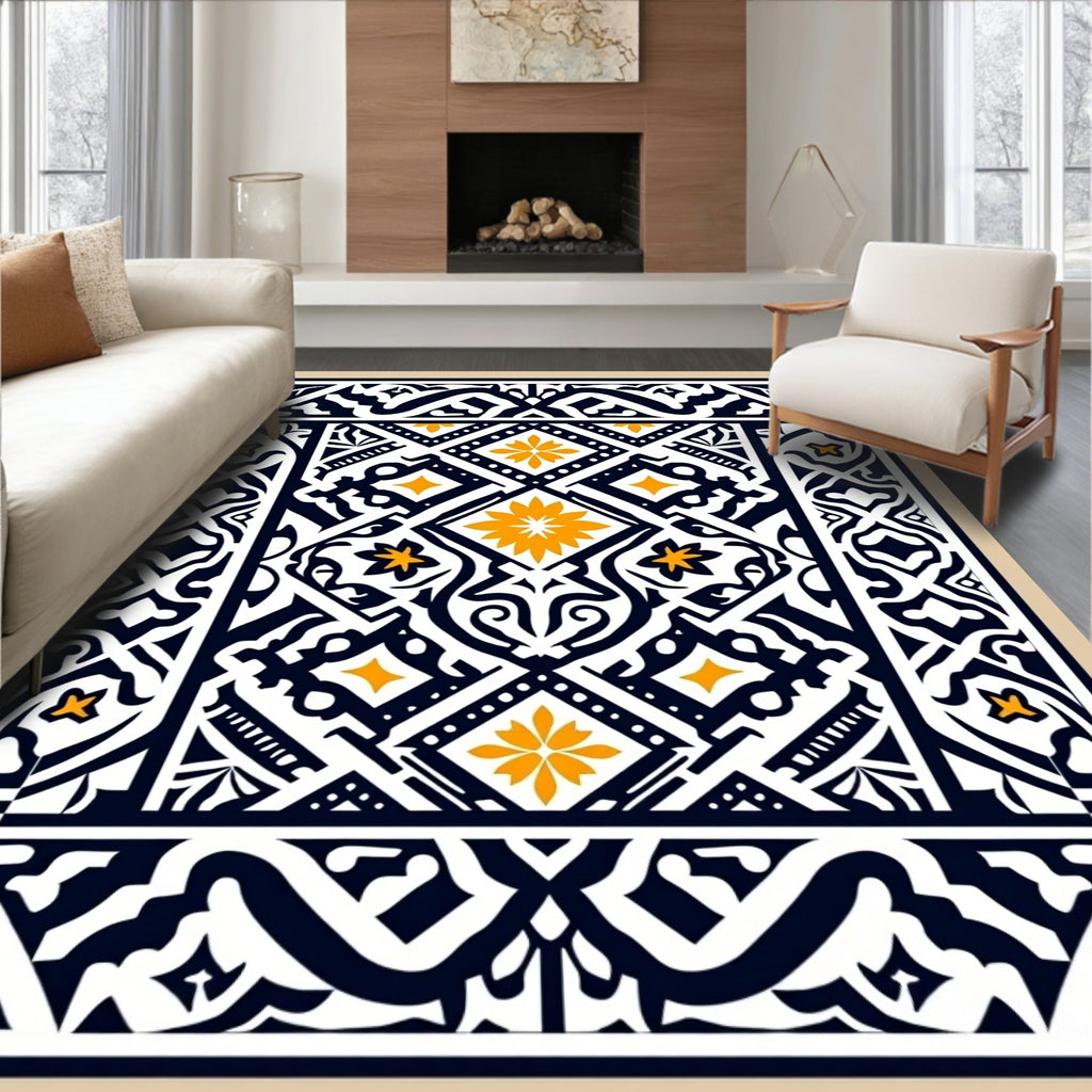 Ornate Black White Yellow Floral Pattern Rug