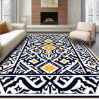 Ornate Black White Yellow Floral Pattern Rug