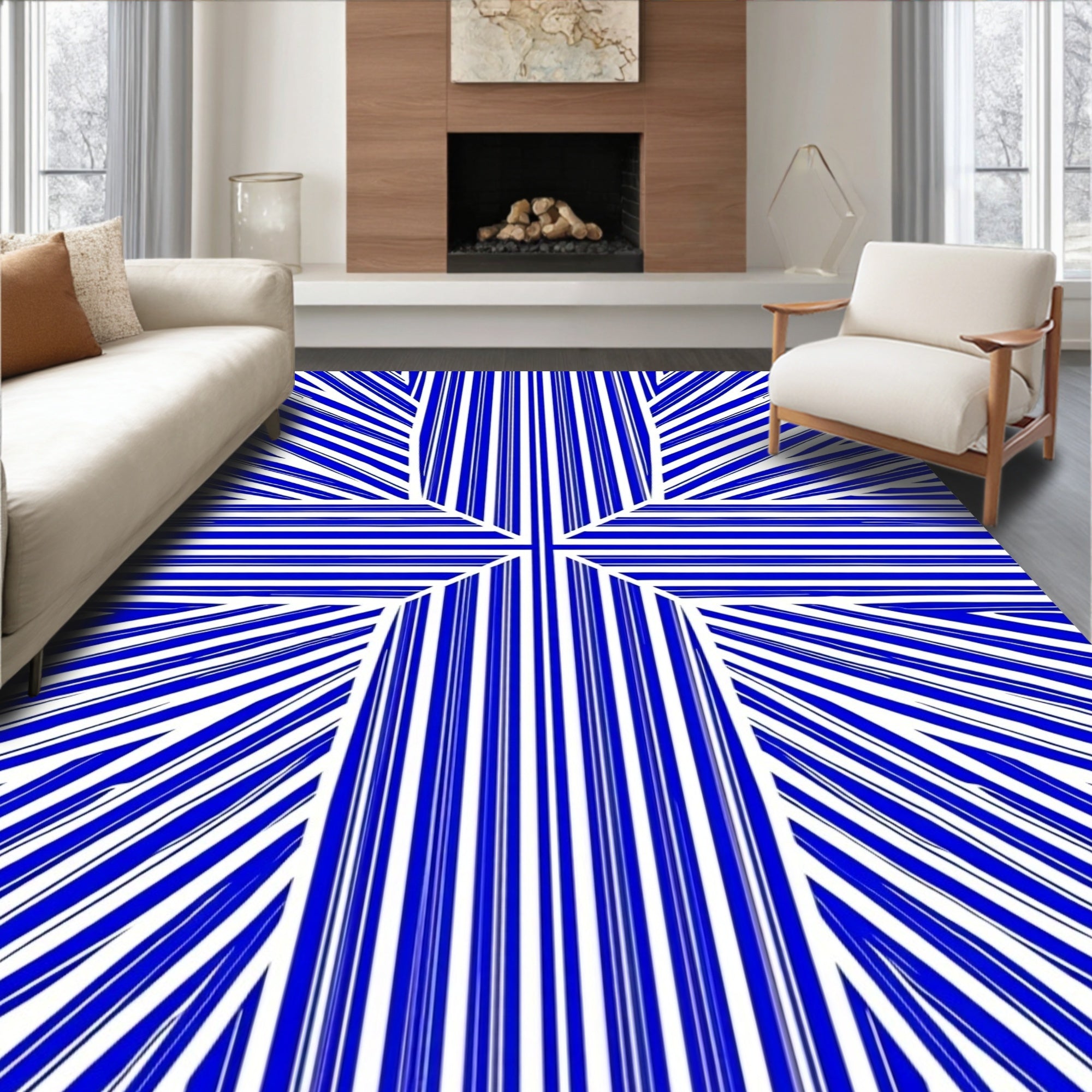 Bold Blue White Radial Stripe Rug