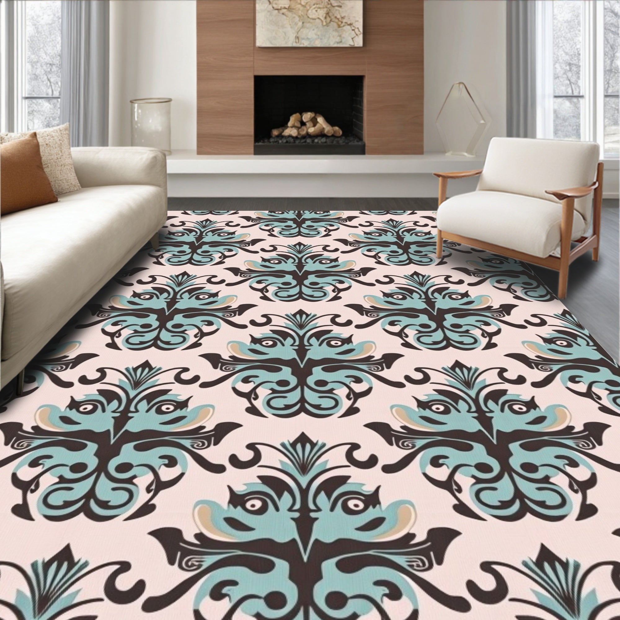 Vintage Teal Scrollwork Pattern Rug