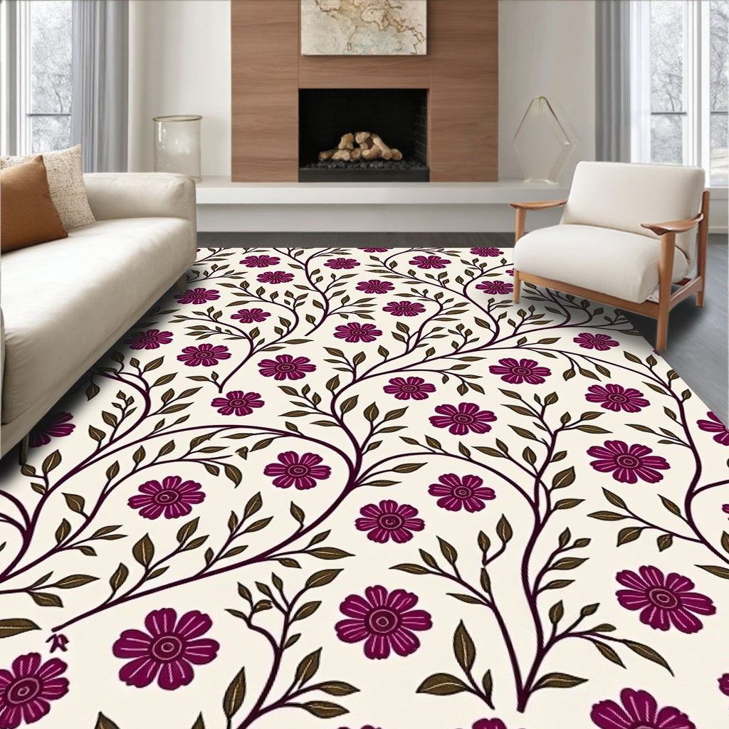 Floral Vines Pattern With Purple Flowers Rug