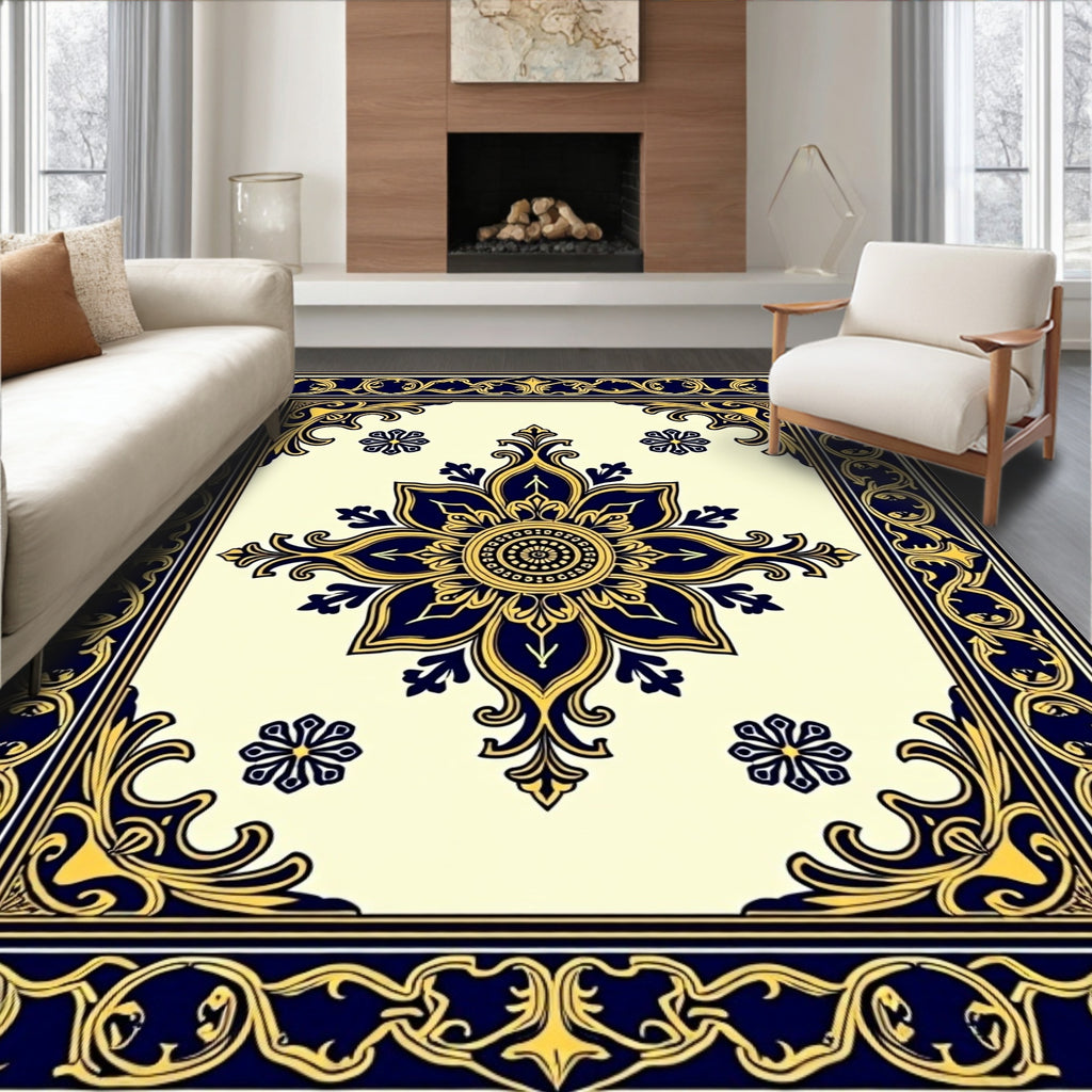 Ornate Floral Frame Blue Gold Rug
