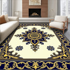 Ornate Floral Frame Blue Gold Rug