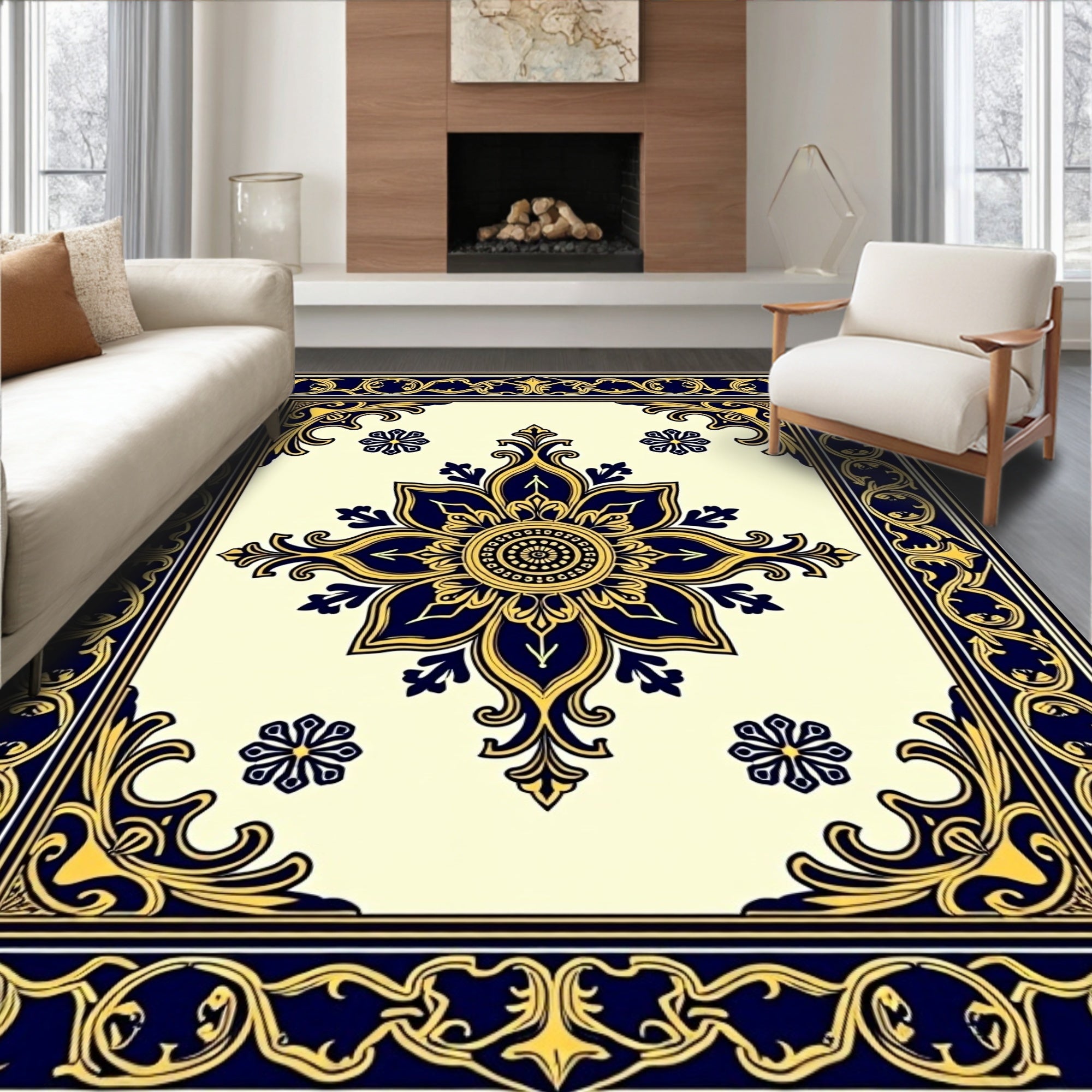 Ornate Floral Frame Blue Gold Rug
