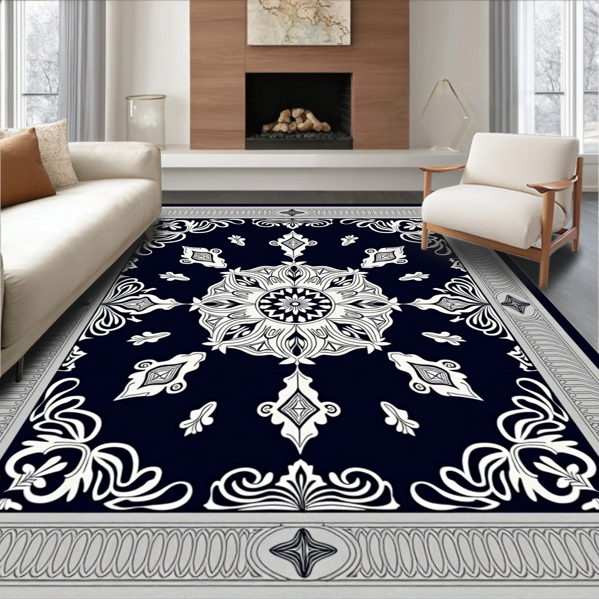 Black White Intricate Floral Mandala Rug