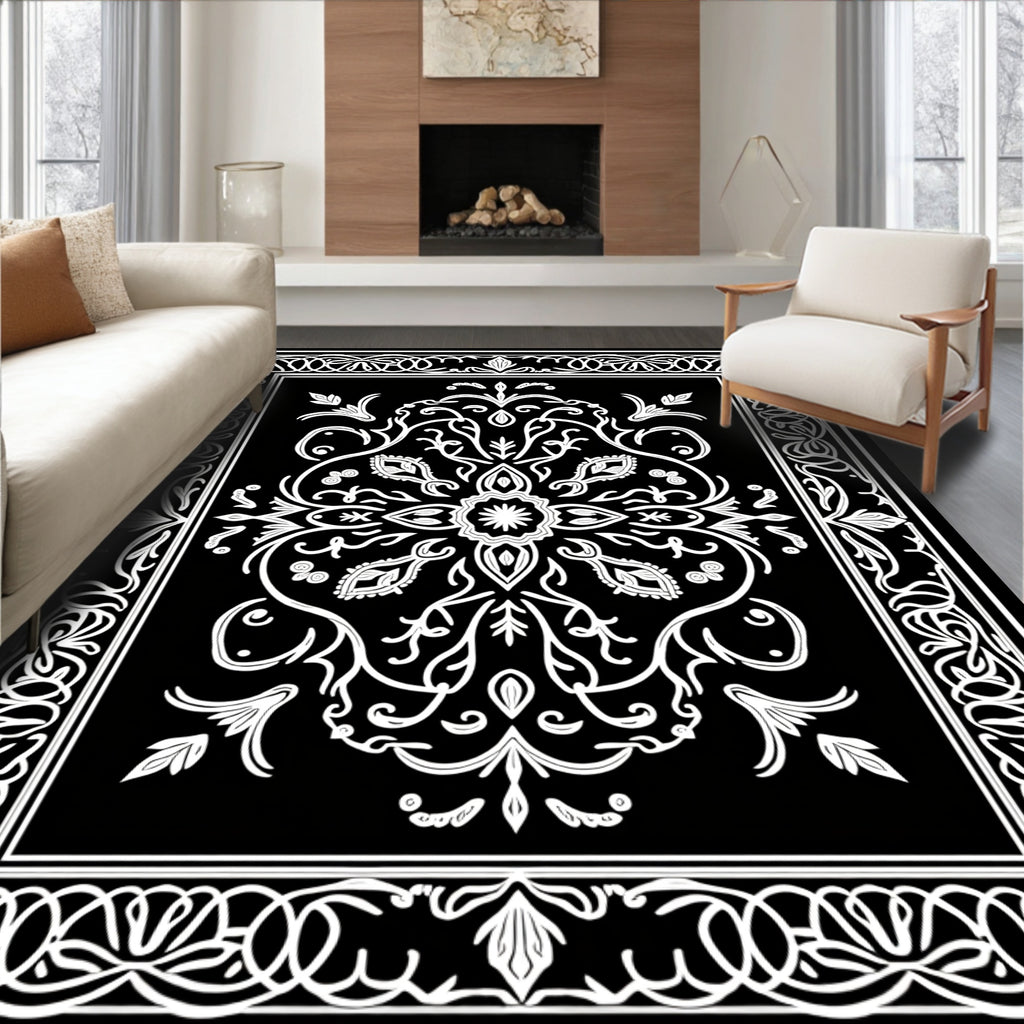 Ornate Black White Mandala Design Rug