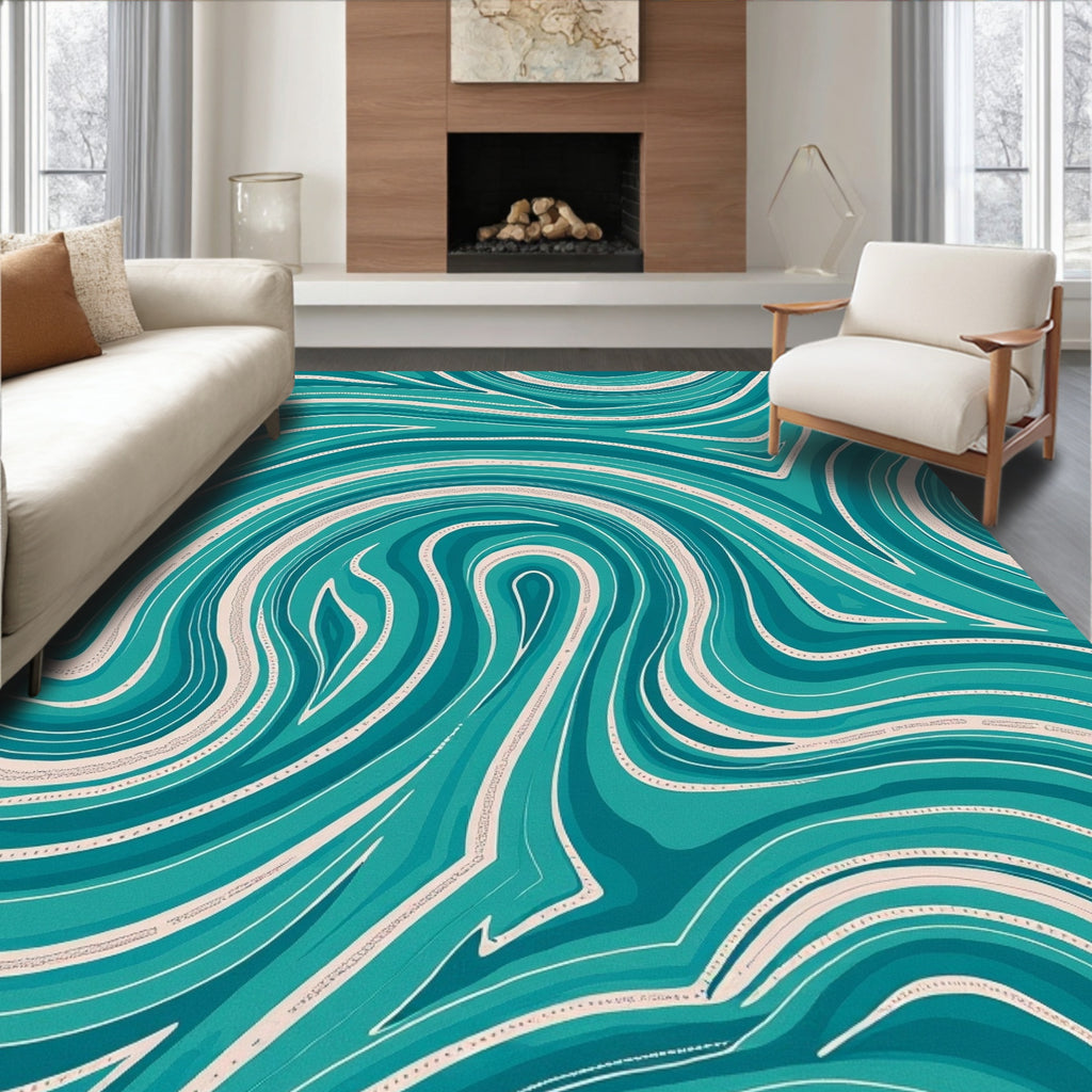 Teal Cream Swirl Pattern Rug