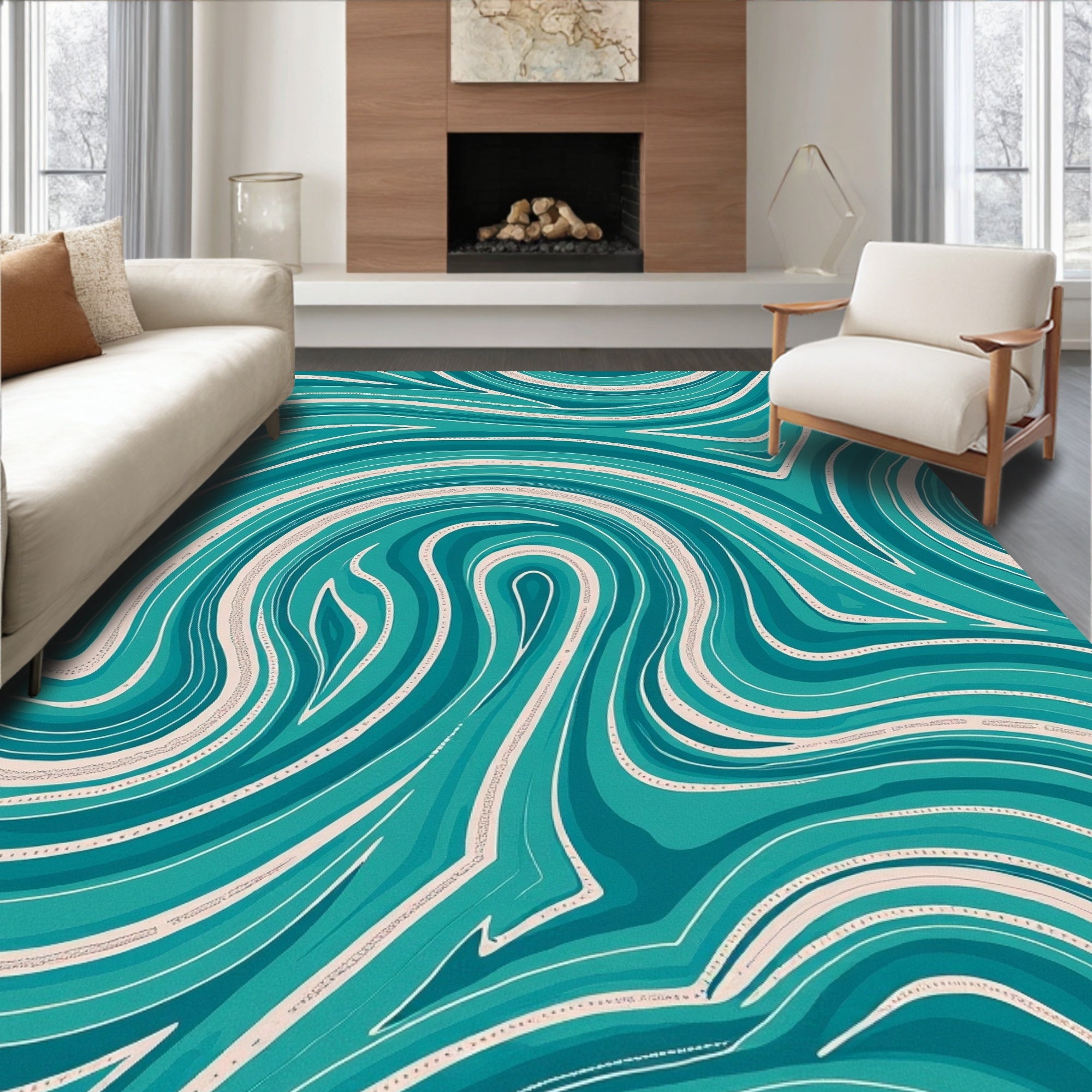 Teal Cream Swirl Pattern Rug