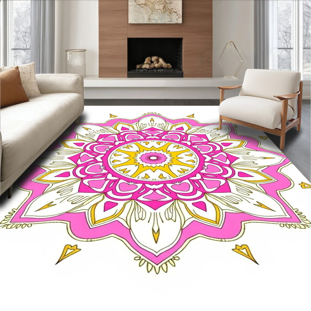 Vibrant Pink Yellow Mandala Pattern Rug