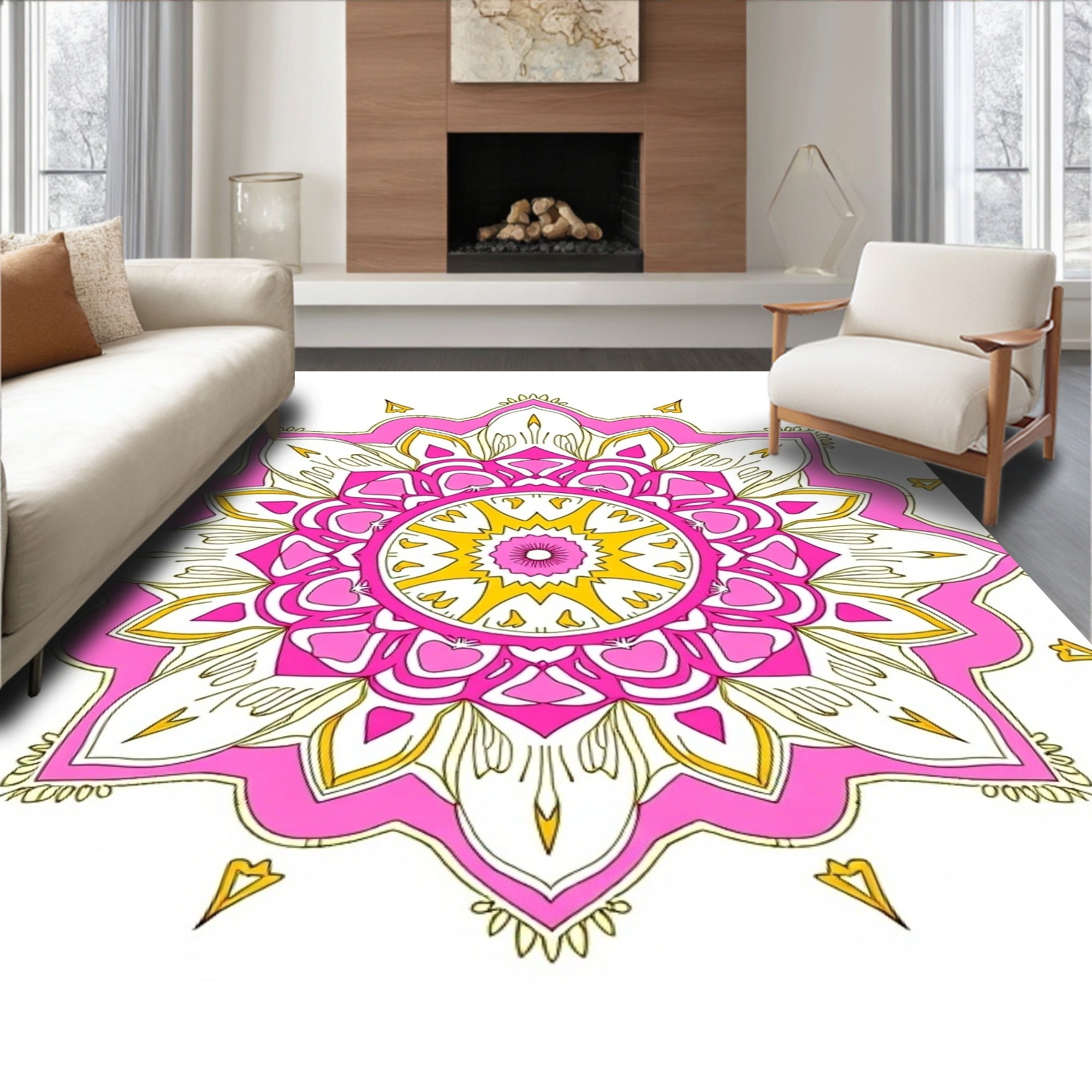 Vibrant Pink Yellow Mandala Pattern Rug