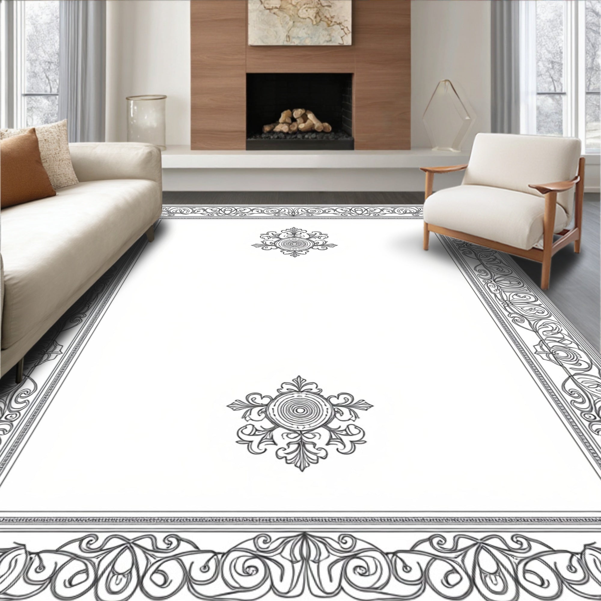 Ornate Floral Scroll Pattern Border Rug