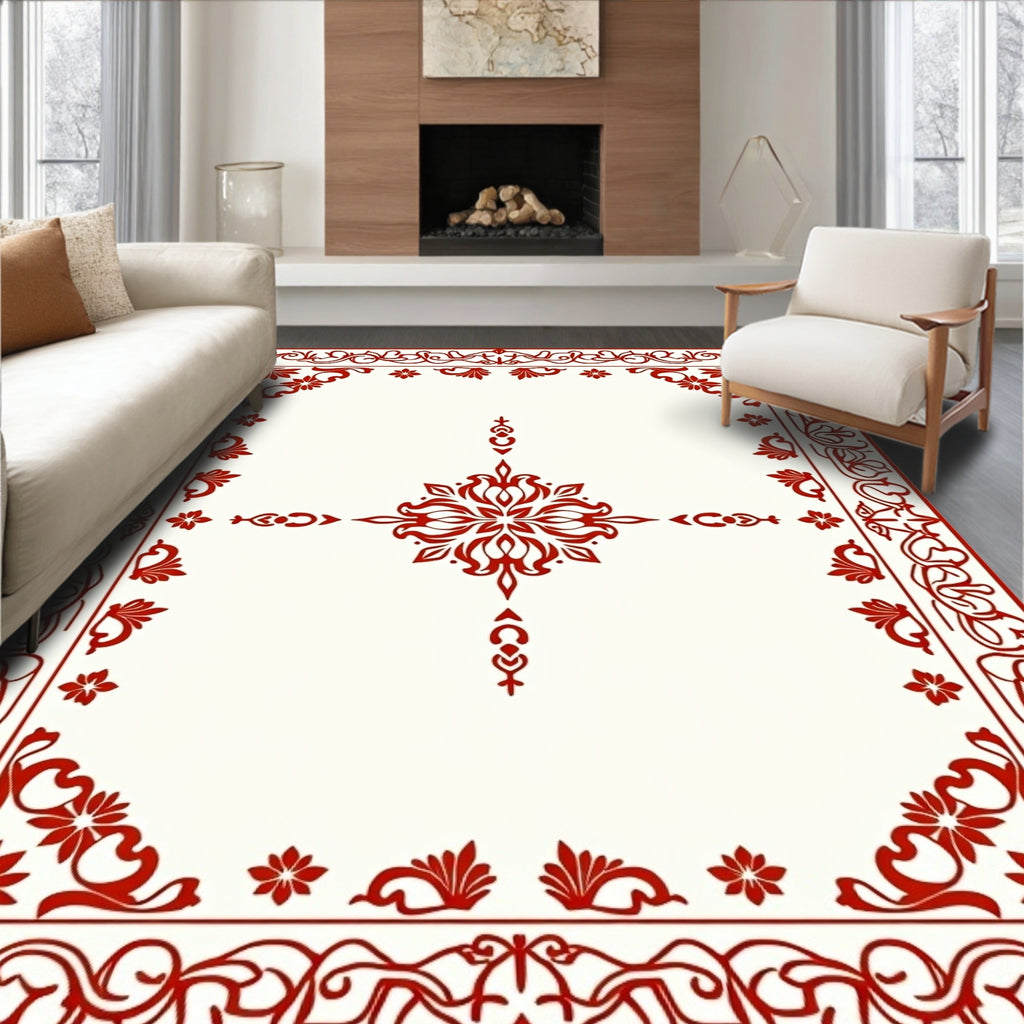 Red Floral Bordered Elegant Design Rug