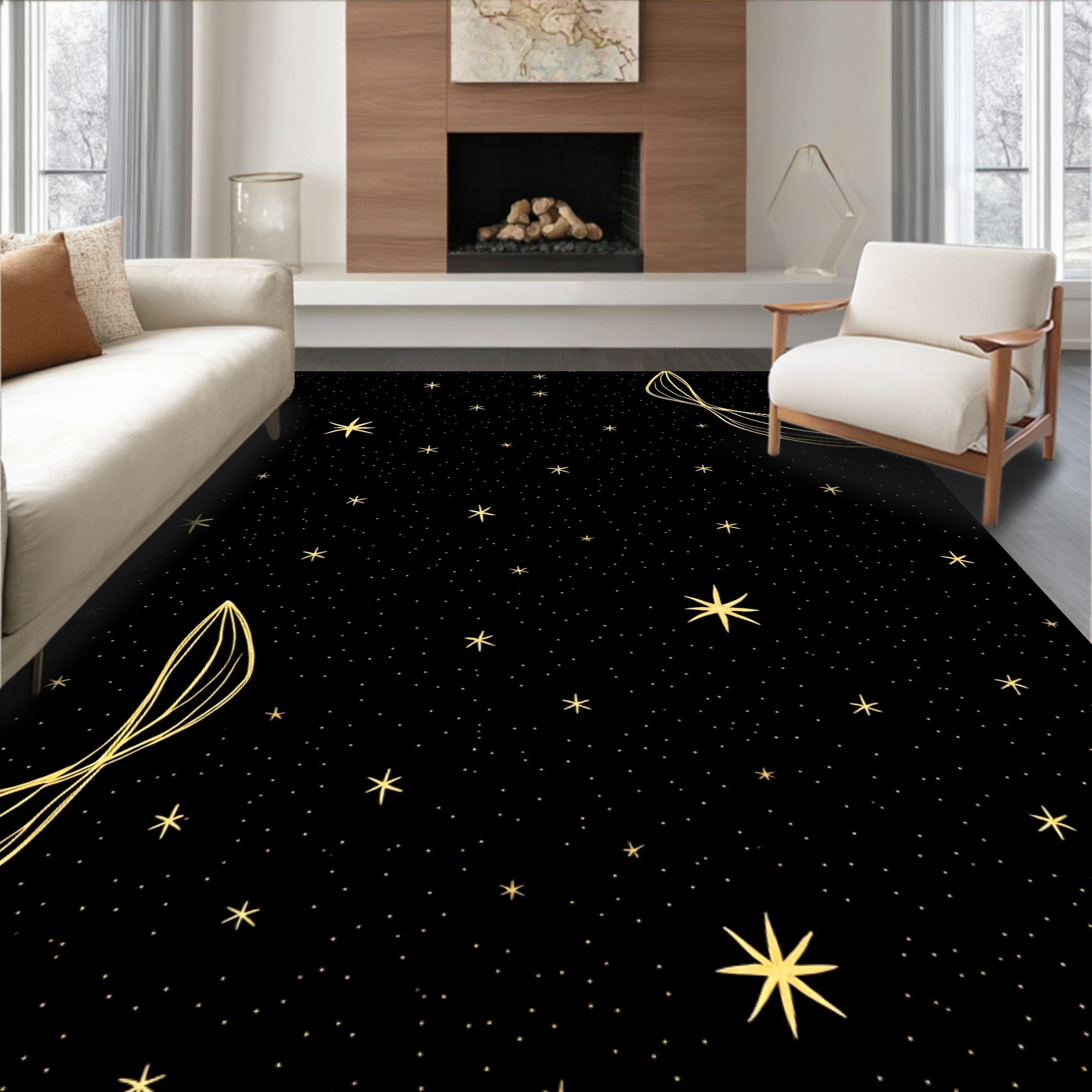 Golden Starry Night Whirls Rug