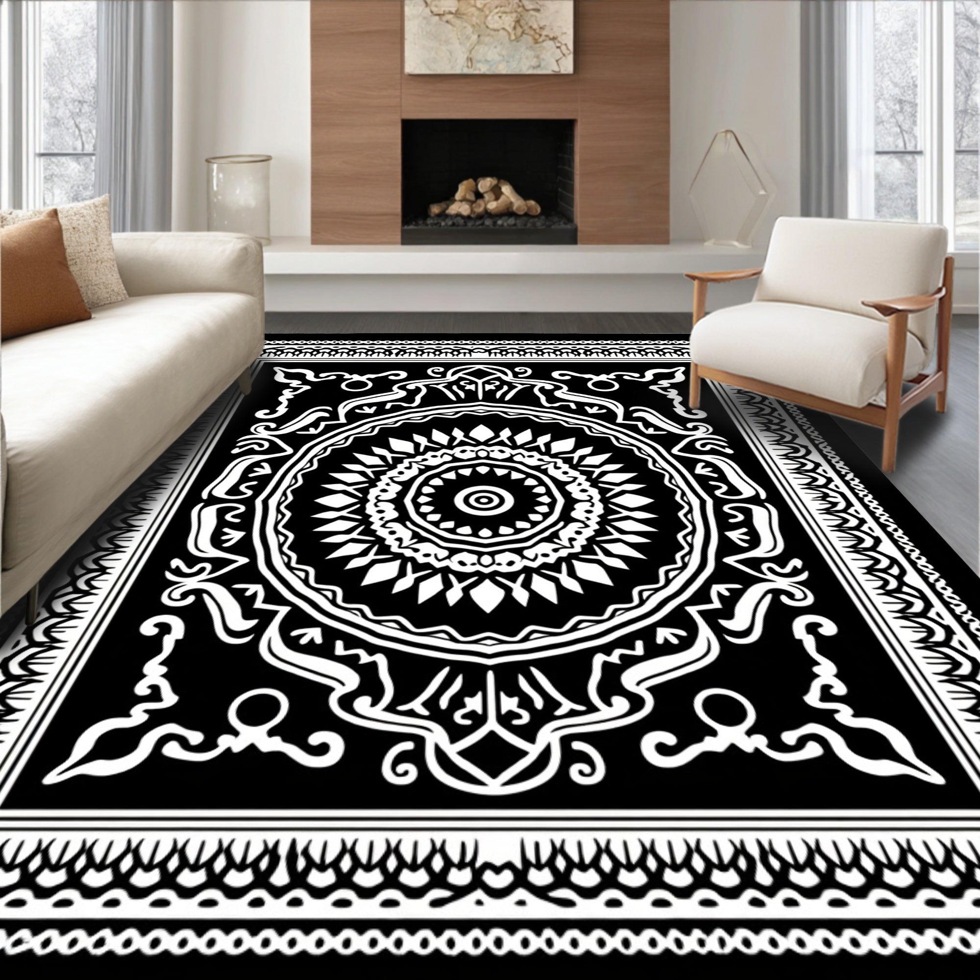 Bold Black White Mandala Pattern Rug