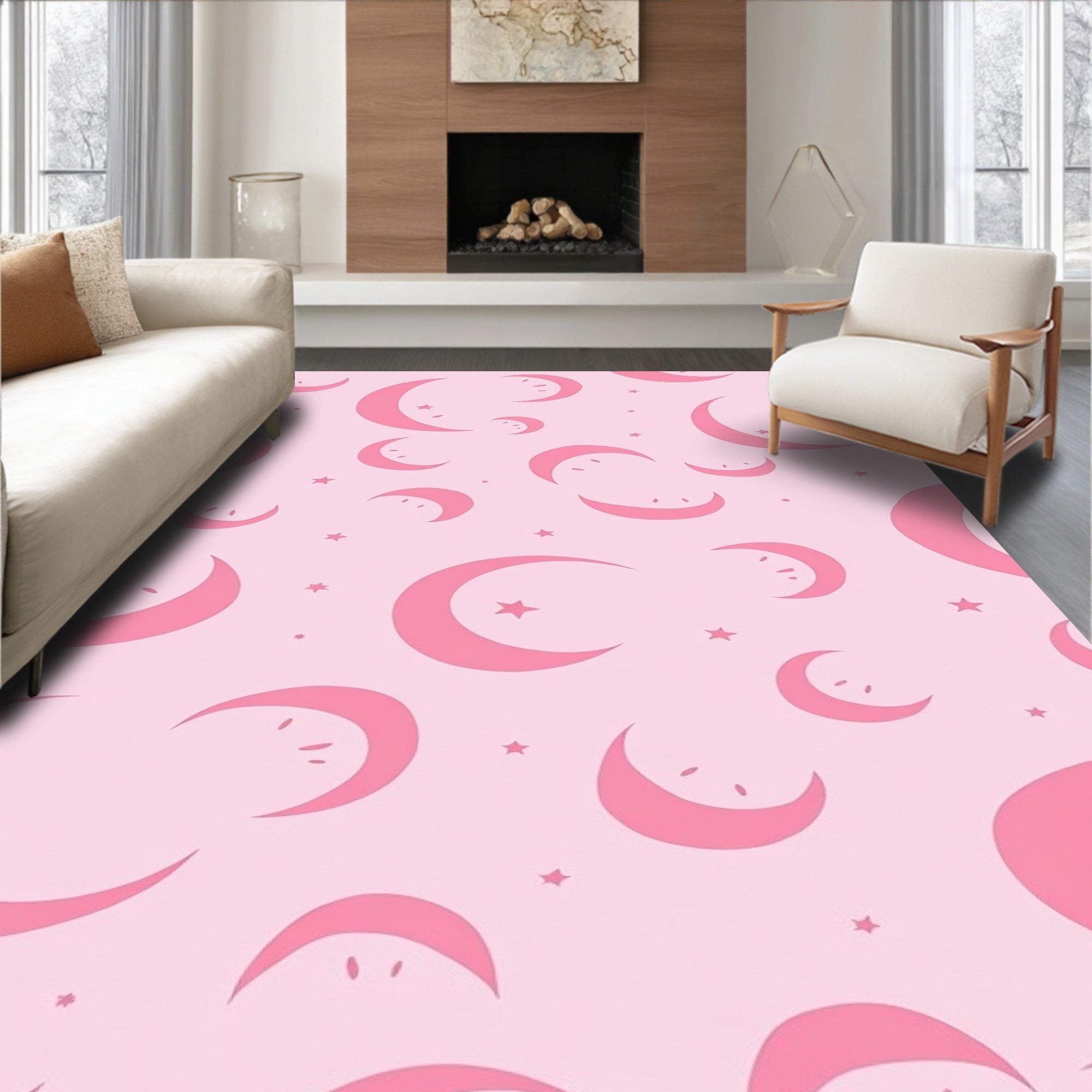 Pink Crescent Moon Star Pattern Rug