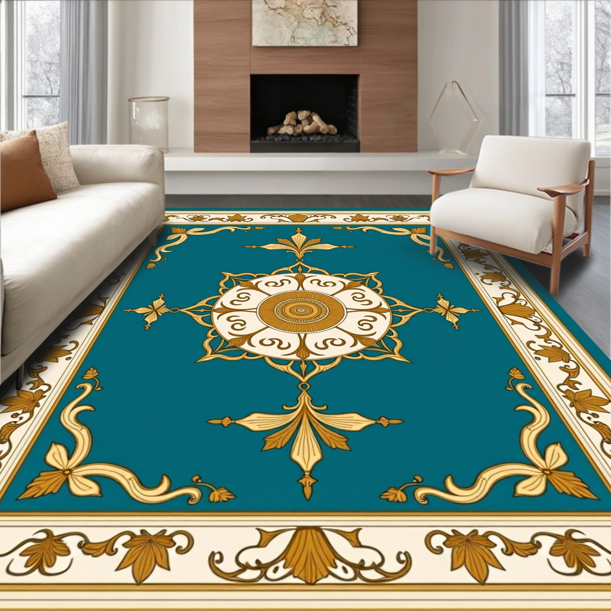 Ornate Teal Gold Floral Border Rug