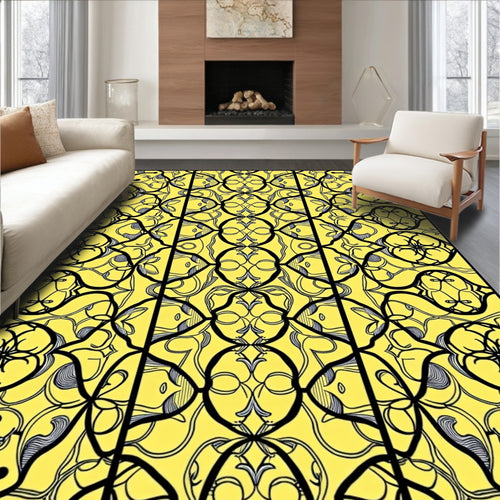 Bold Black Swirls on Yellow Background Rug