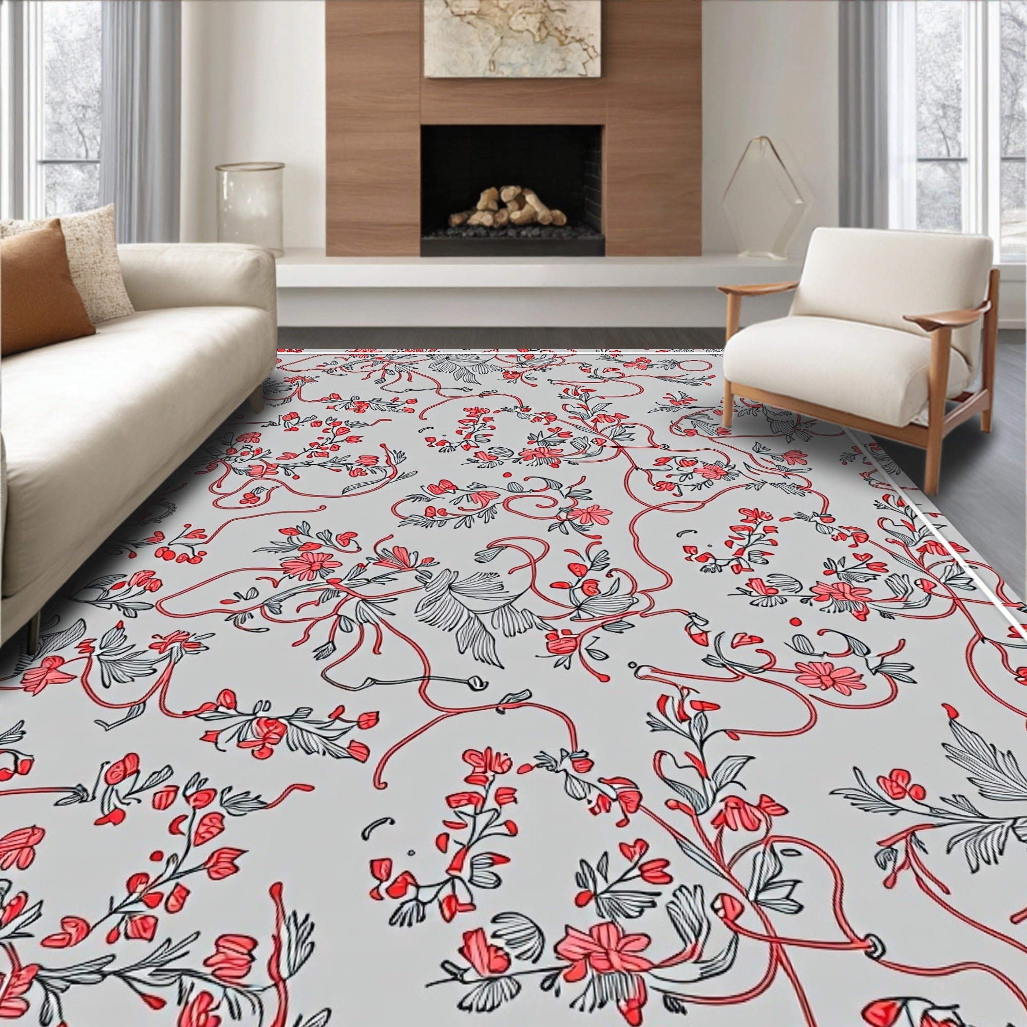 Coral Pink Floral Vines Gray Background Rug