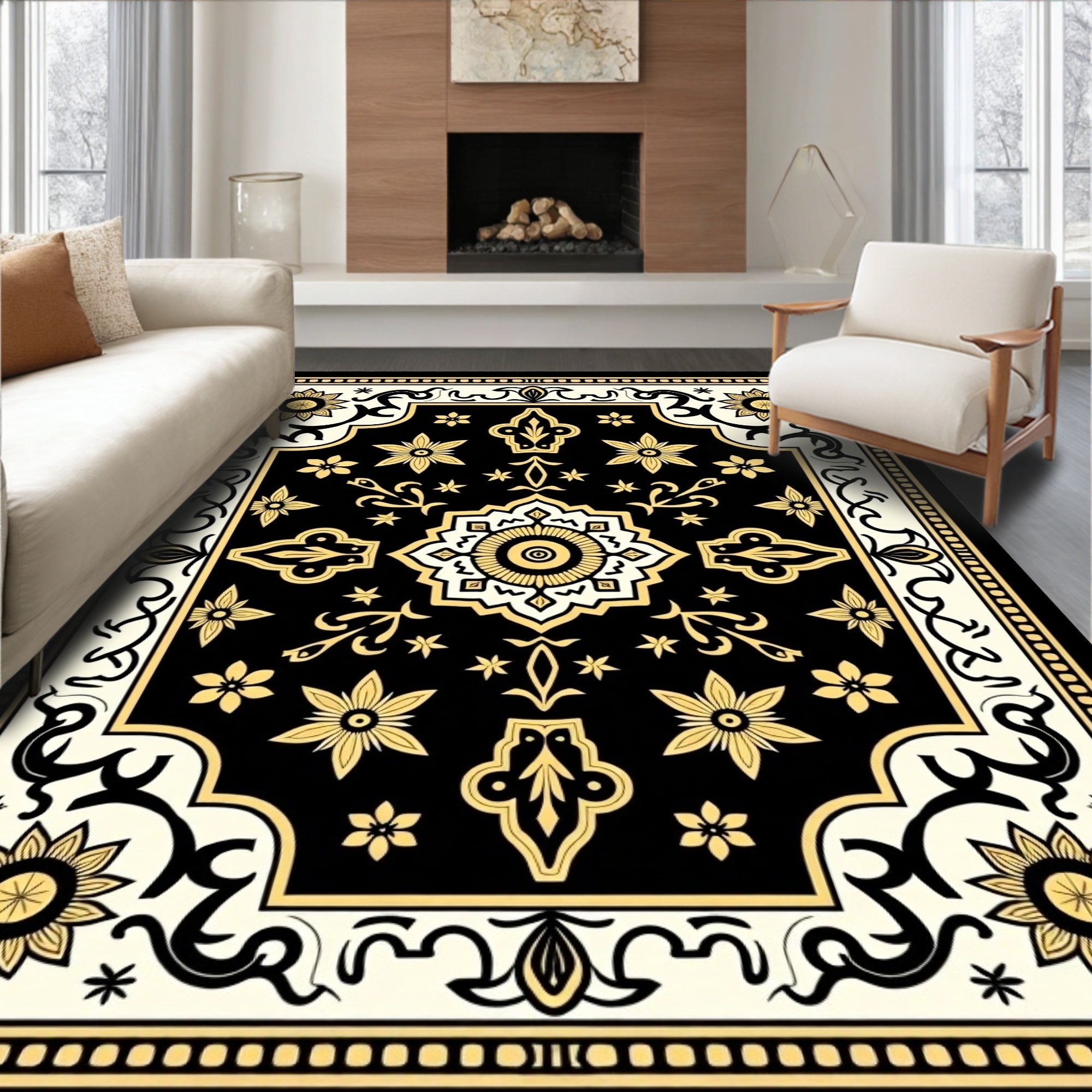 Classic Black and Gold Floral Motif Rug