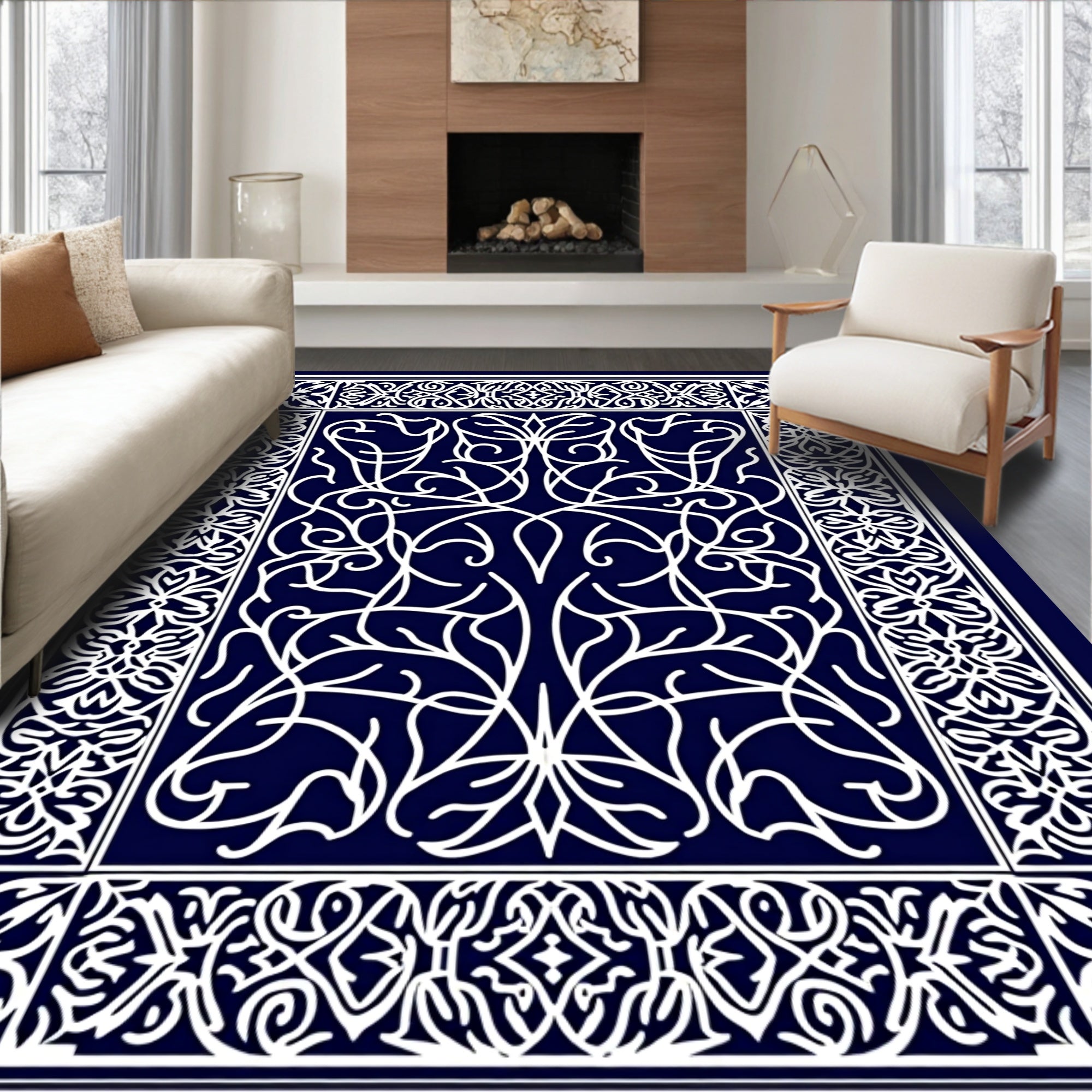 Intricate White Swirl Floral Border Design Rug