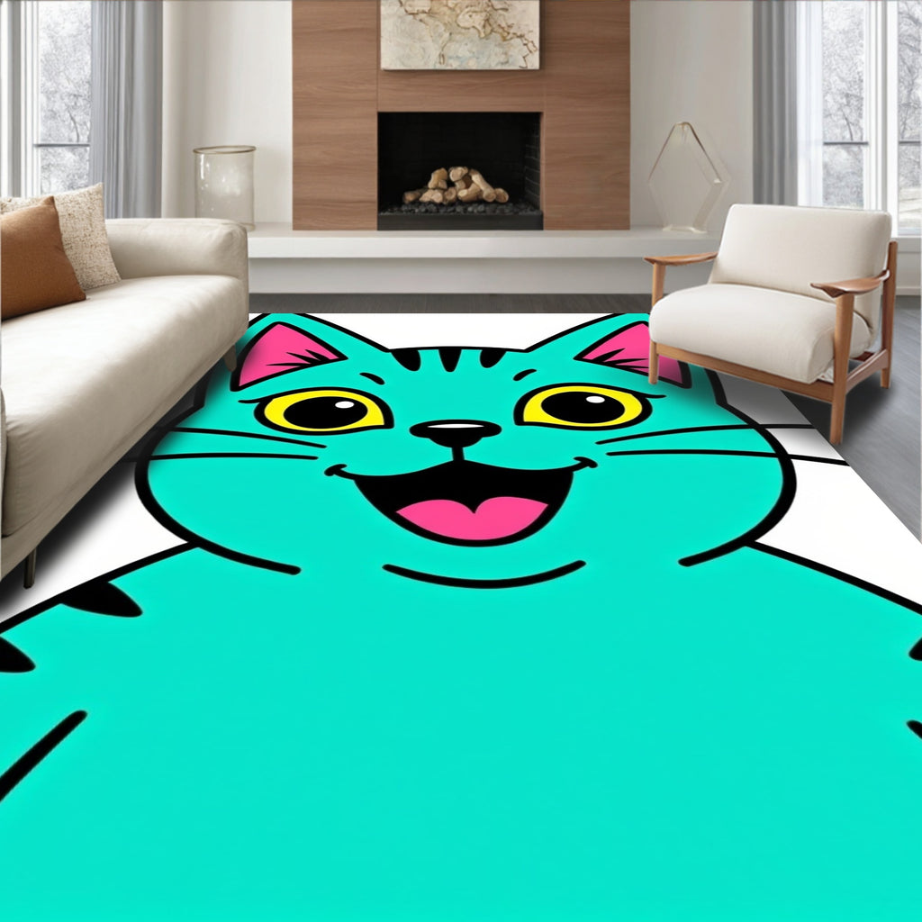 Whimsical Teal Cat Character Rug