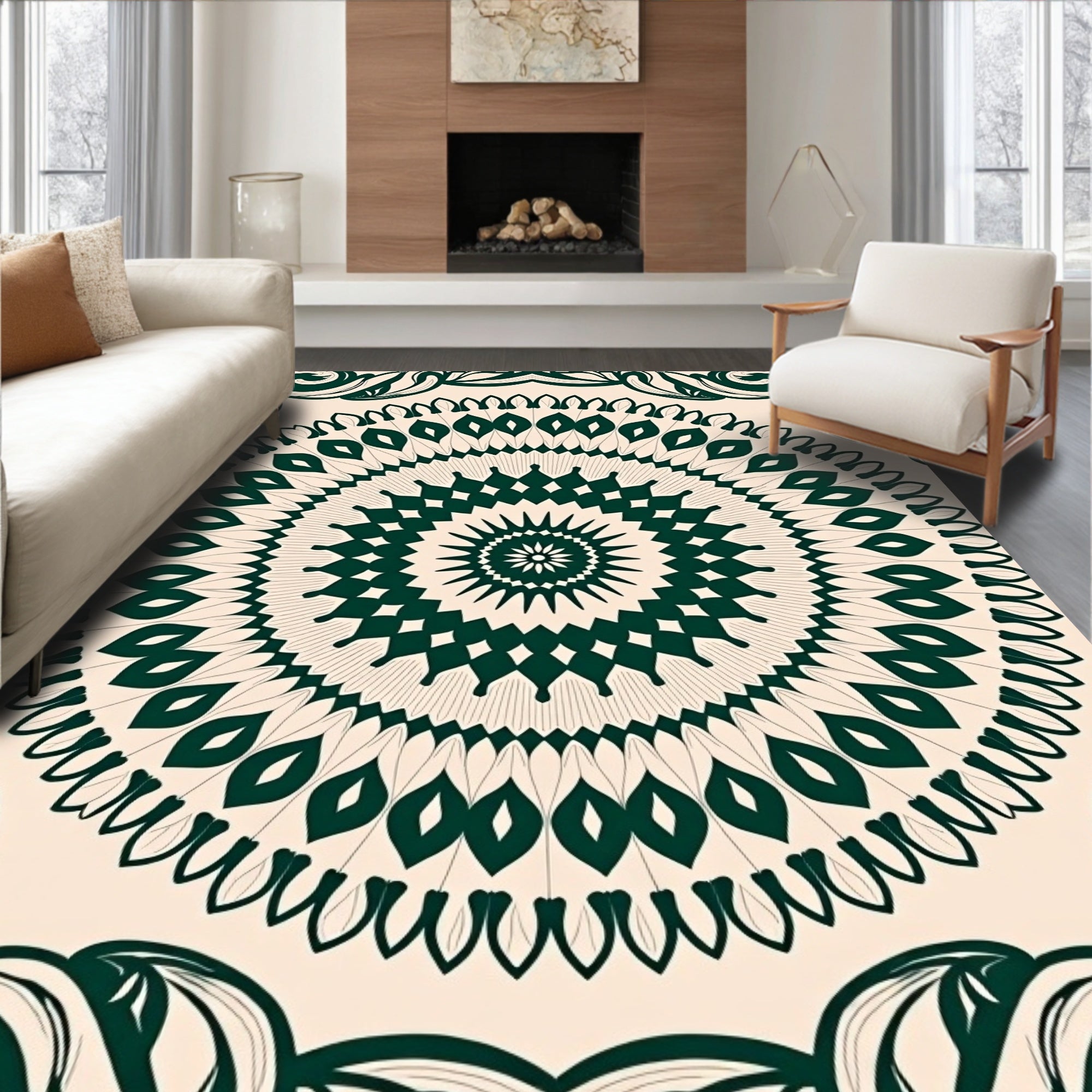 Green Floral Mandala Patterned Rug