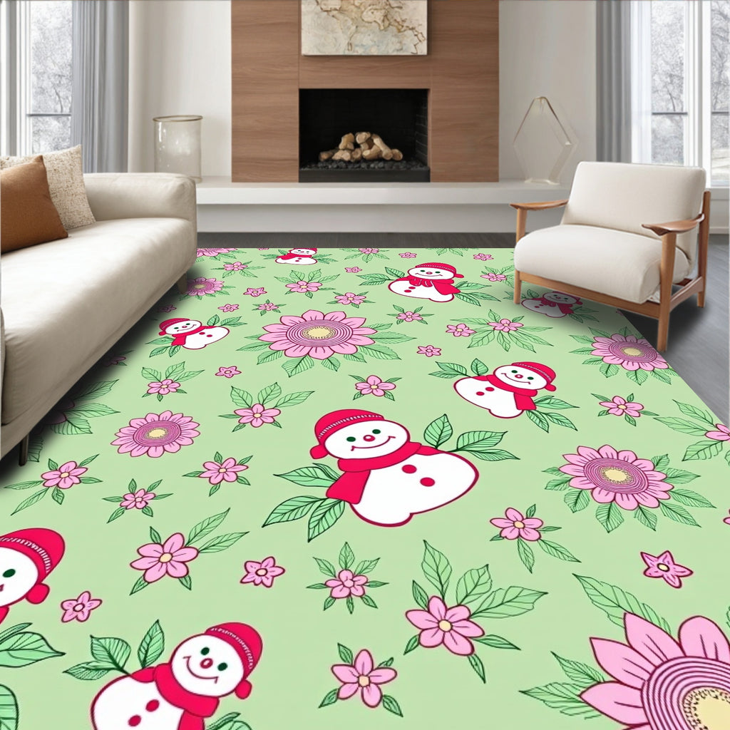 Pink Snowman With Flowers And Leaves Rug