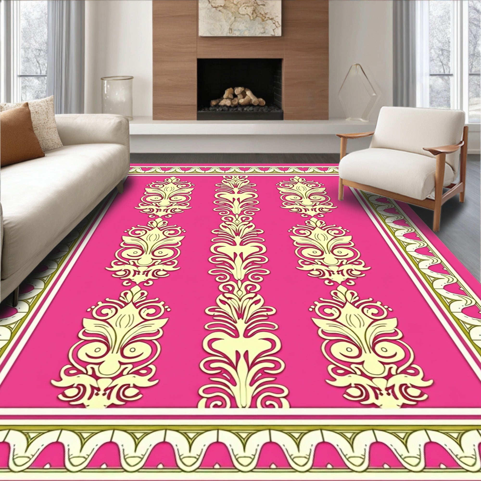 Cream Floral Design on Hot Pink Rug