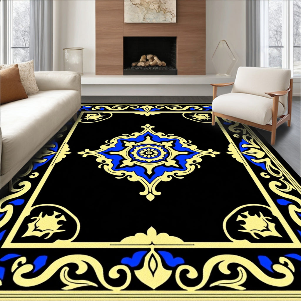 Bold Blue Gold Floral Frame Rug