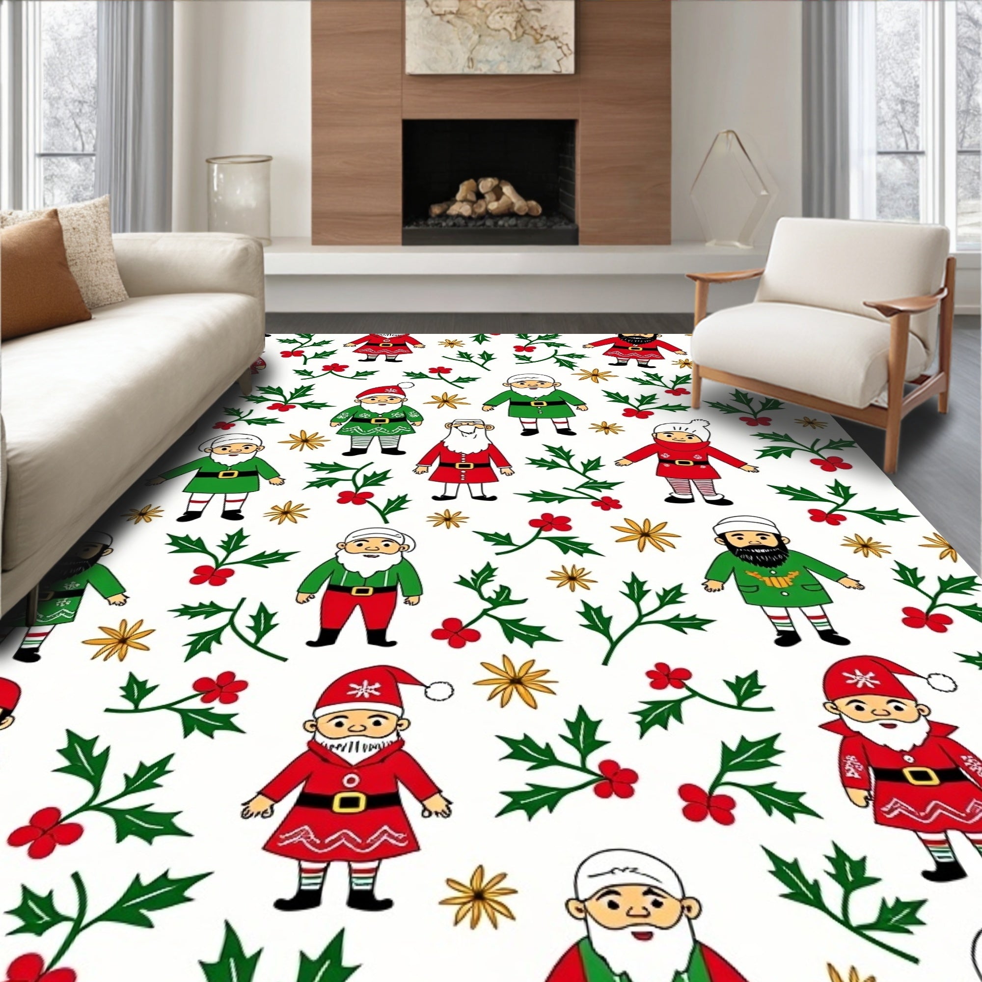 Festive Gnomes Red Green Holly Christmas Rug
