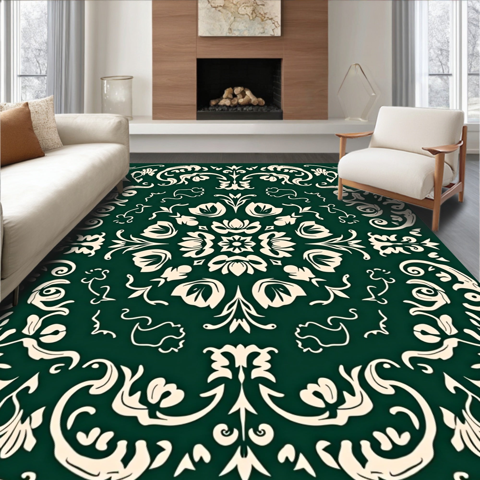 Elegant Cream Floral Damask Pattern Rug