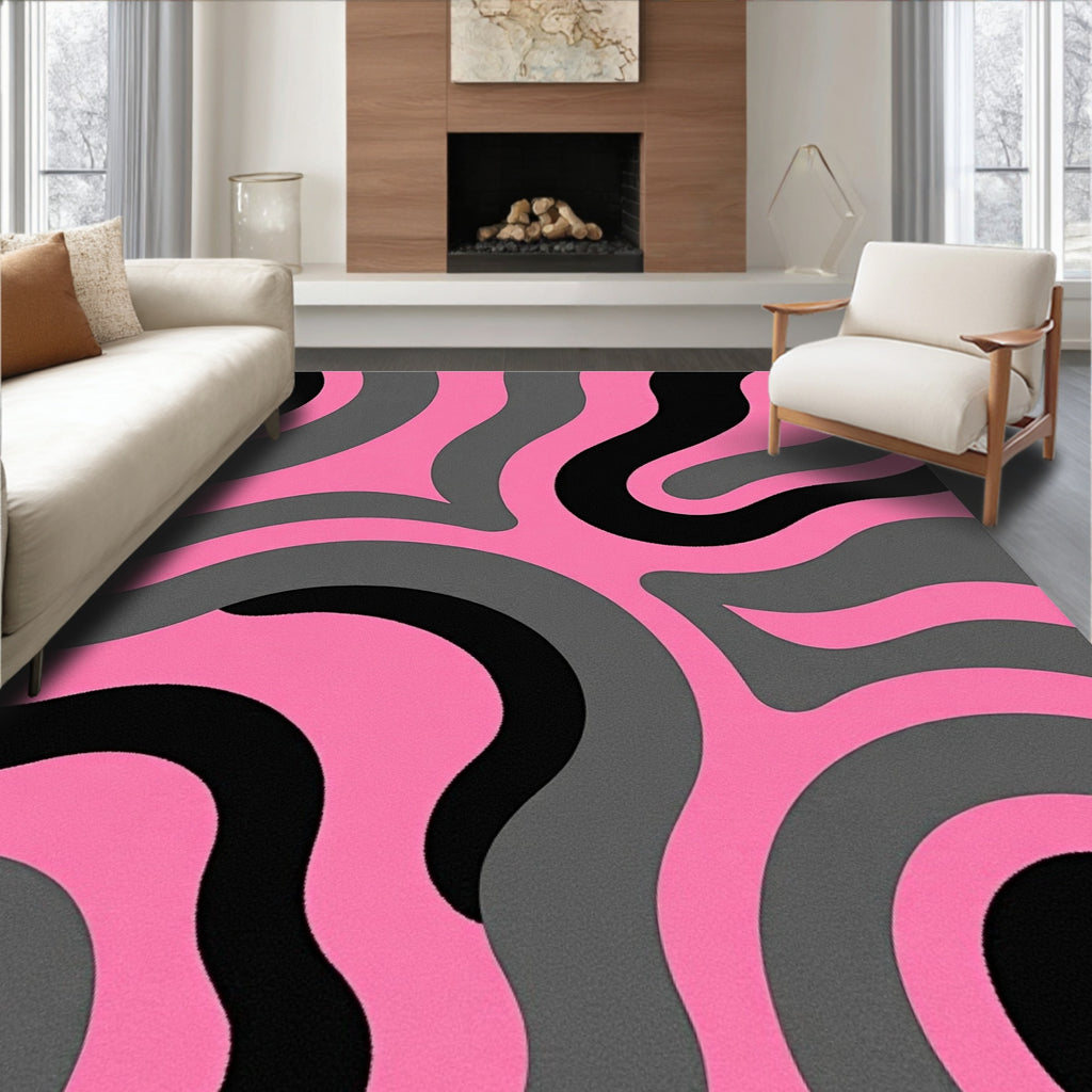 Retro Swirls Pink Grey Black Pattern Rug