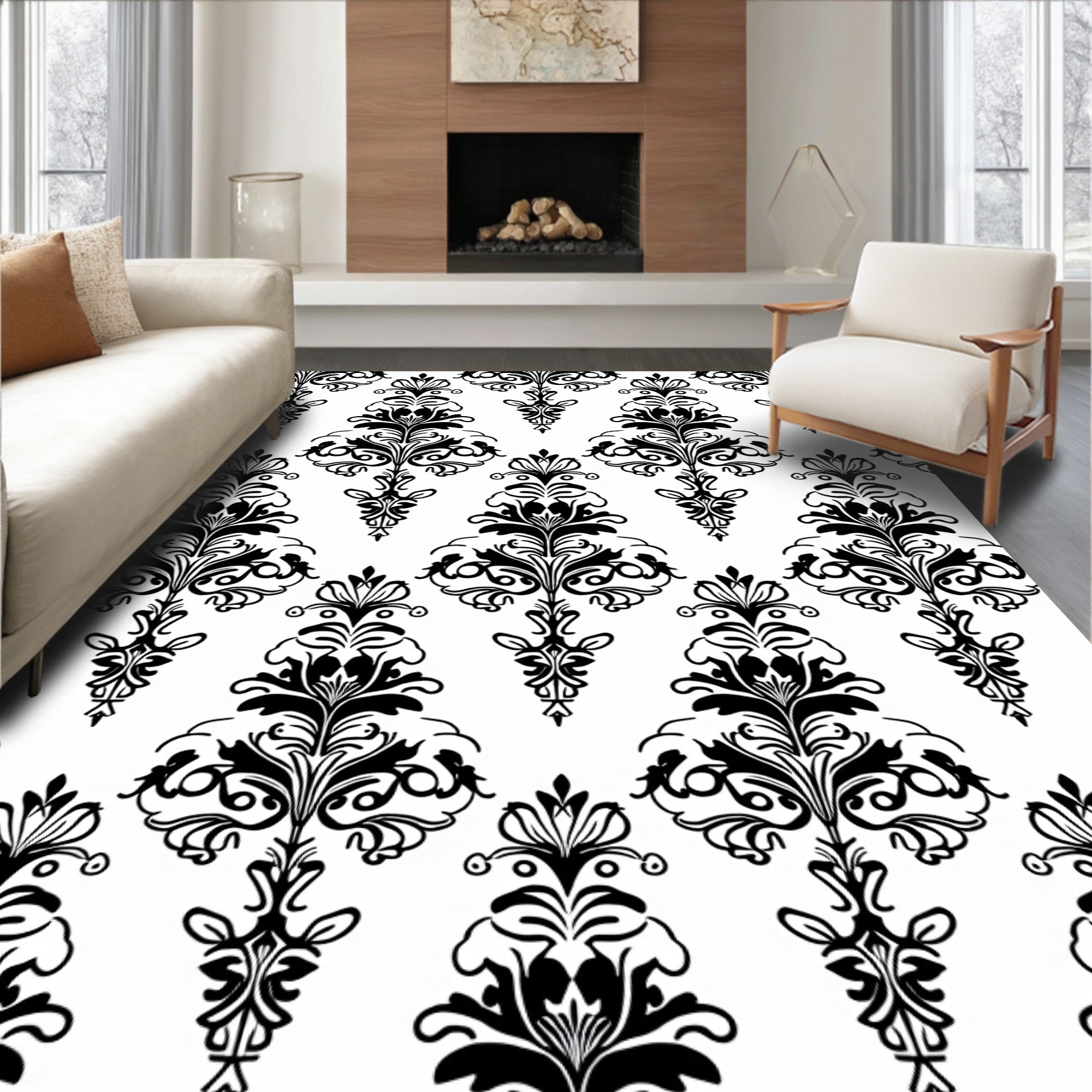 Classic Black Floral Damask Pattern Rug