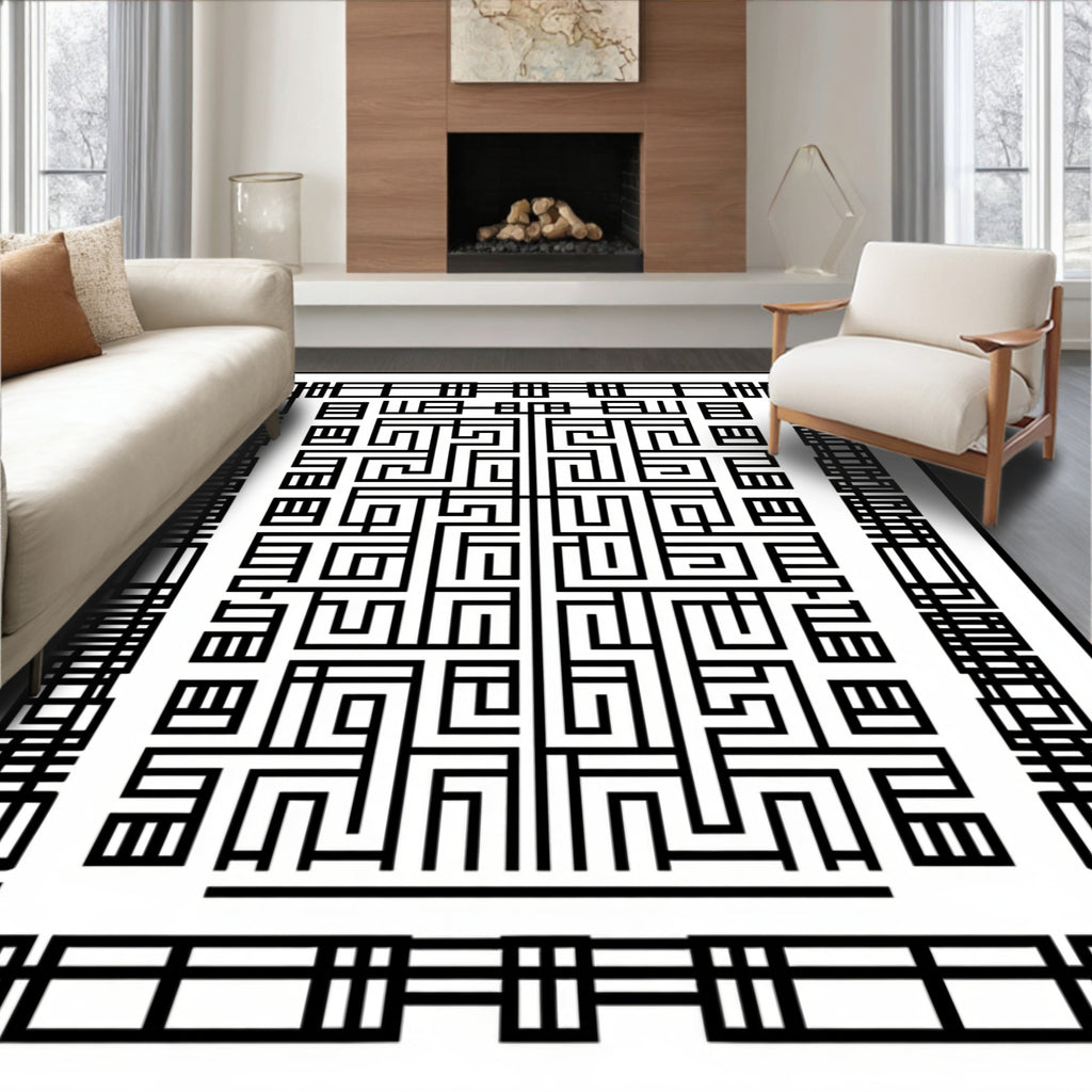 Black White Geometric Maze Pattern Rug