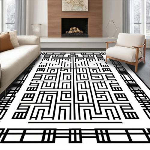 Black White Geometric Maze Pattern Rug