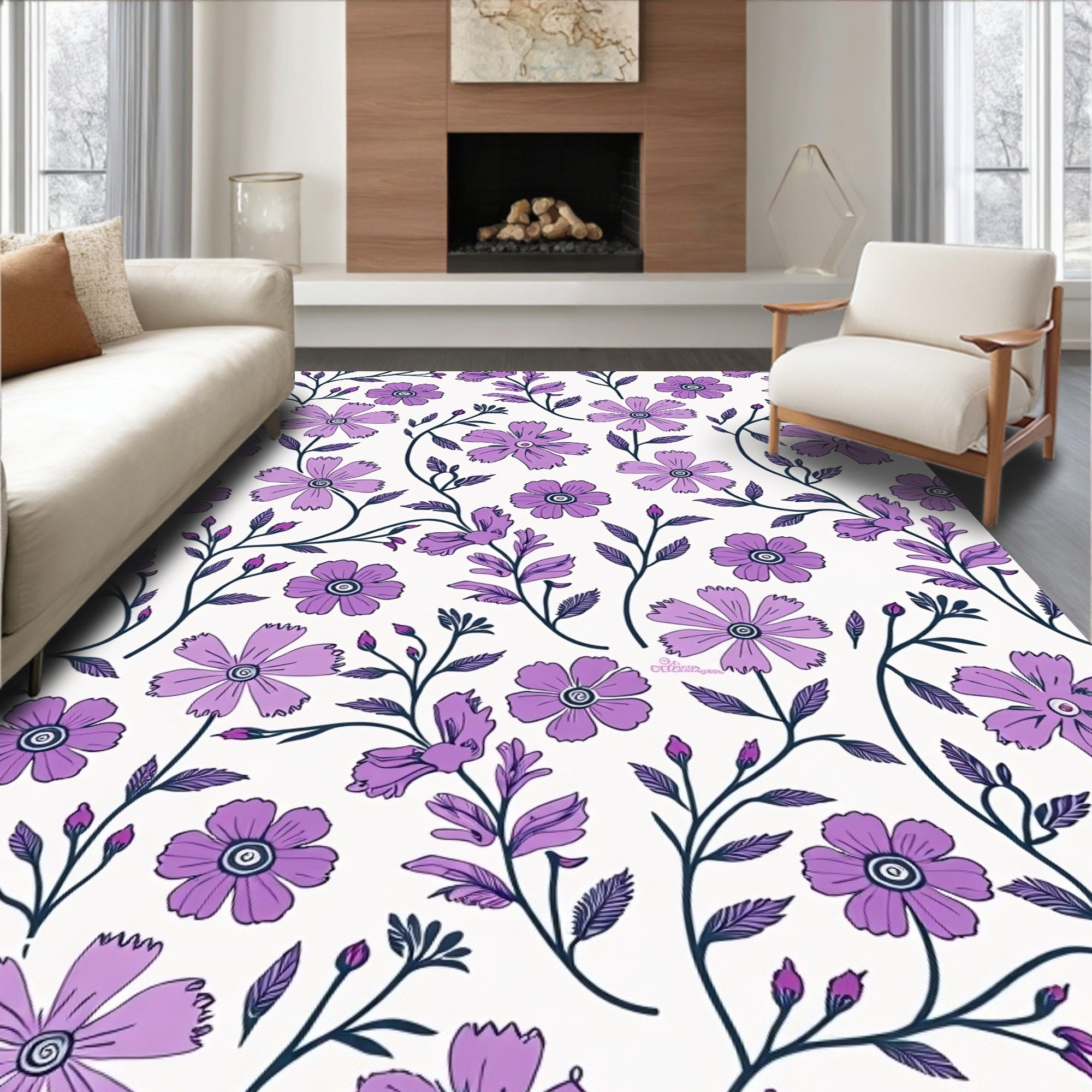 Purple Blossoms With Vines Pattern Rug