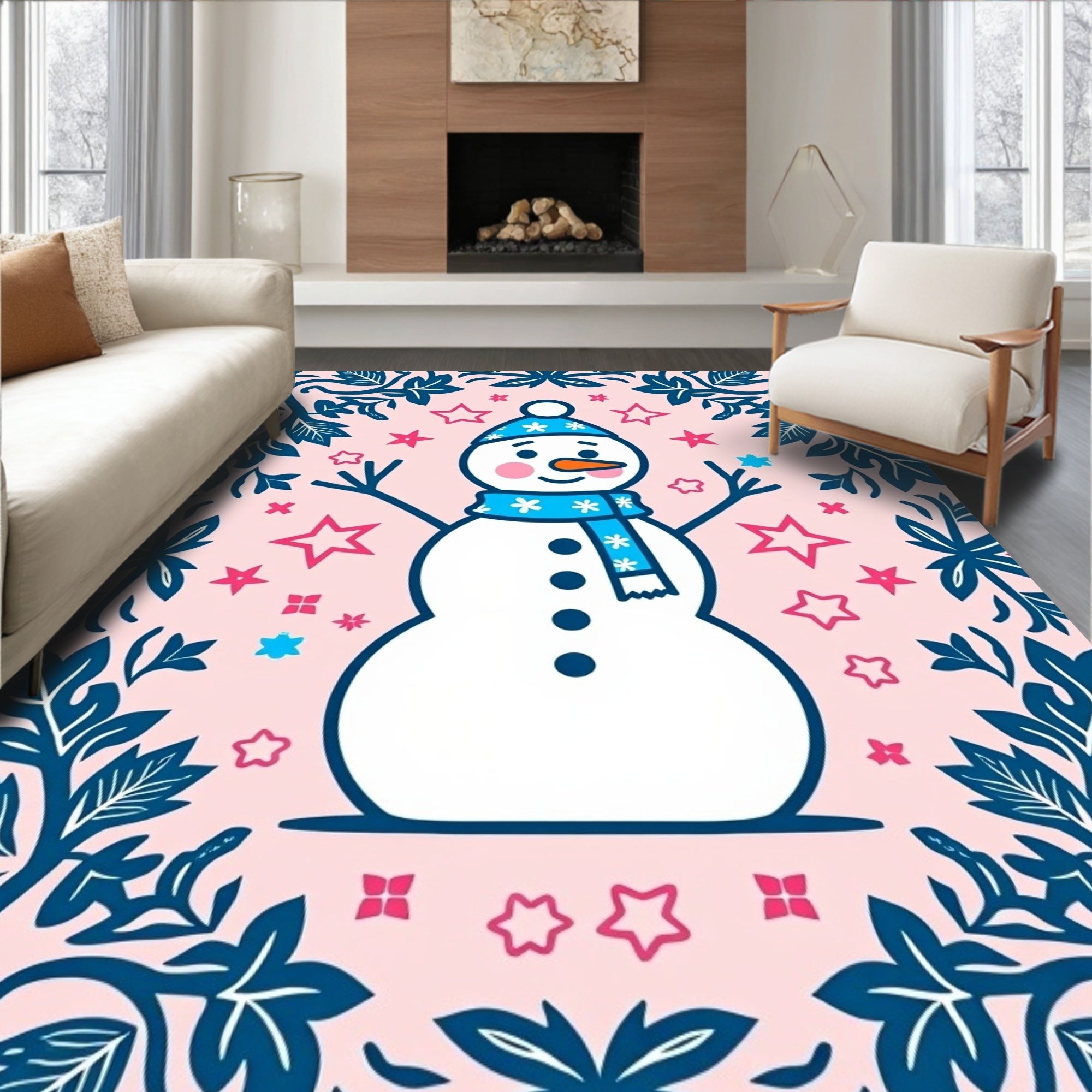 Charming Snowman Floral Border Pink Rug