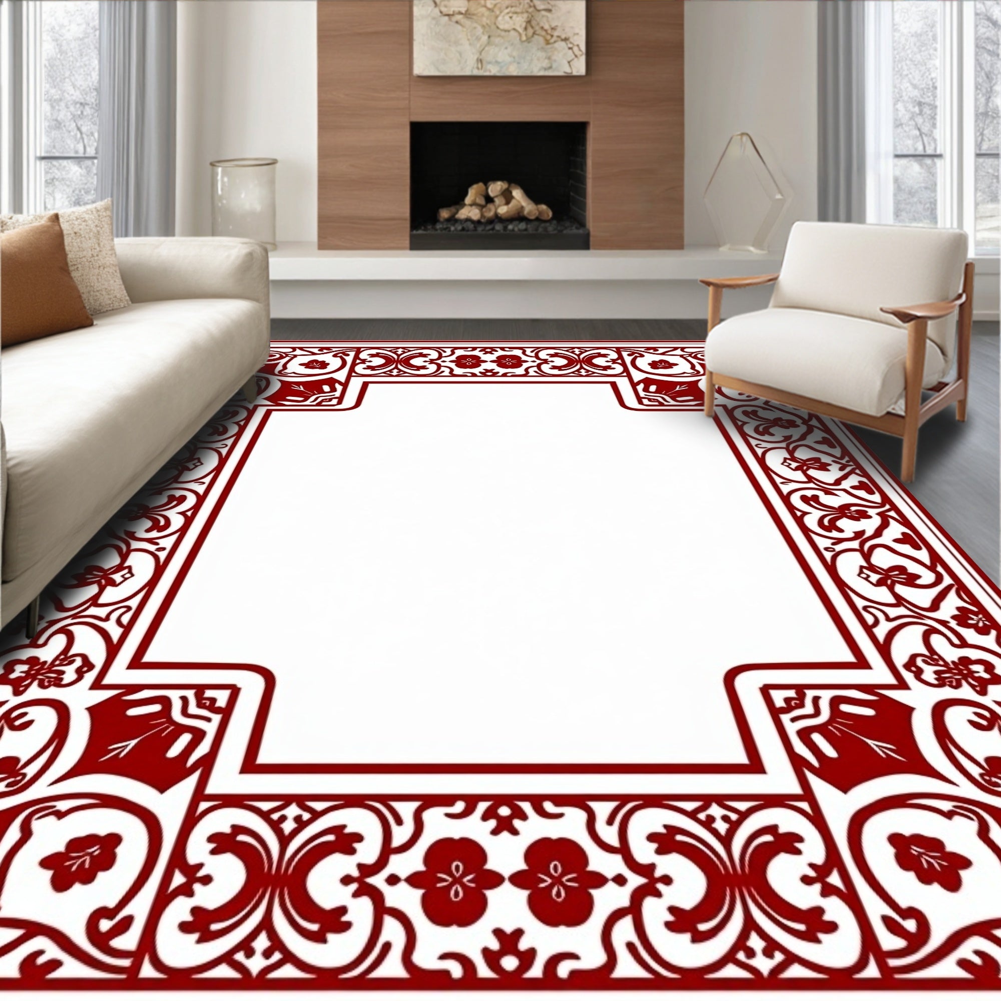 Elegant Red Floral Scroll Border Rug