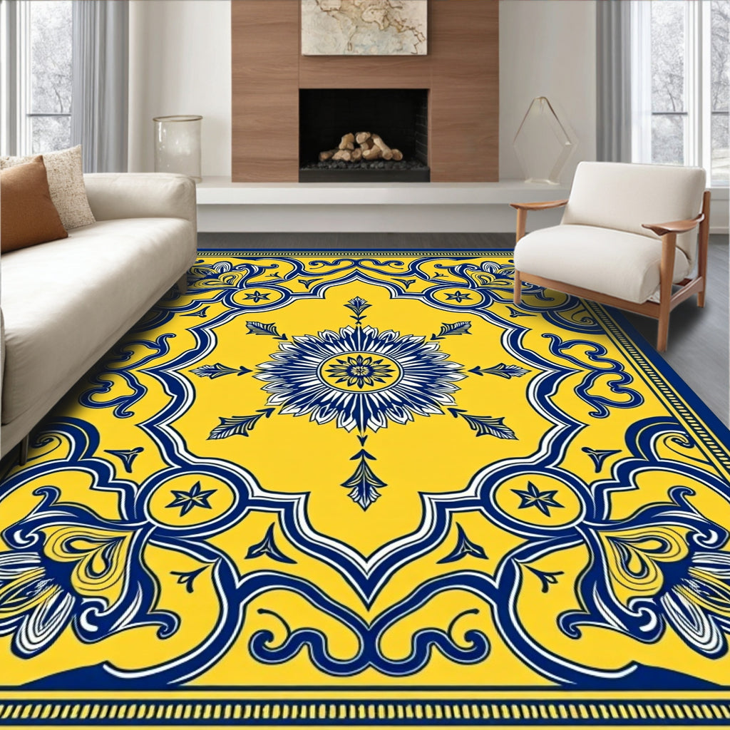 Ornate Yellow And Blue Floral Pattern Rug