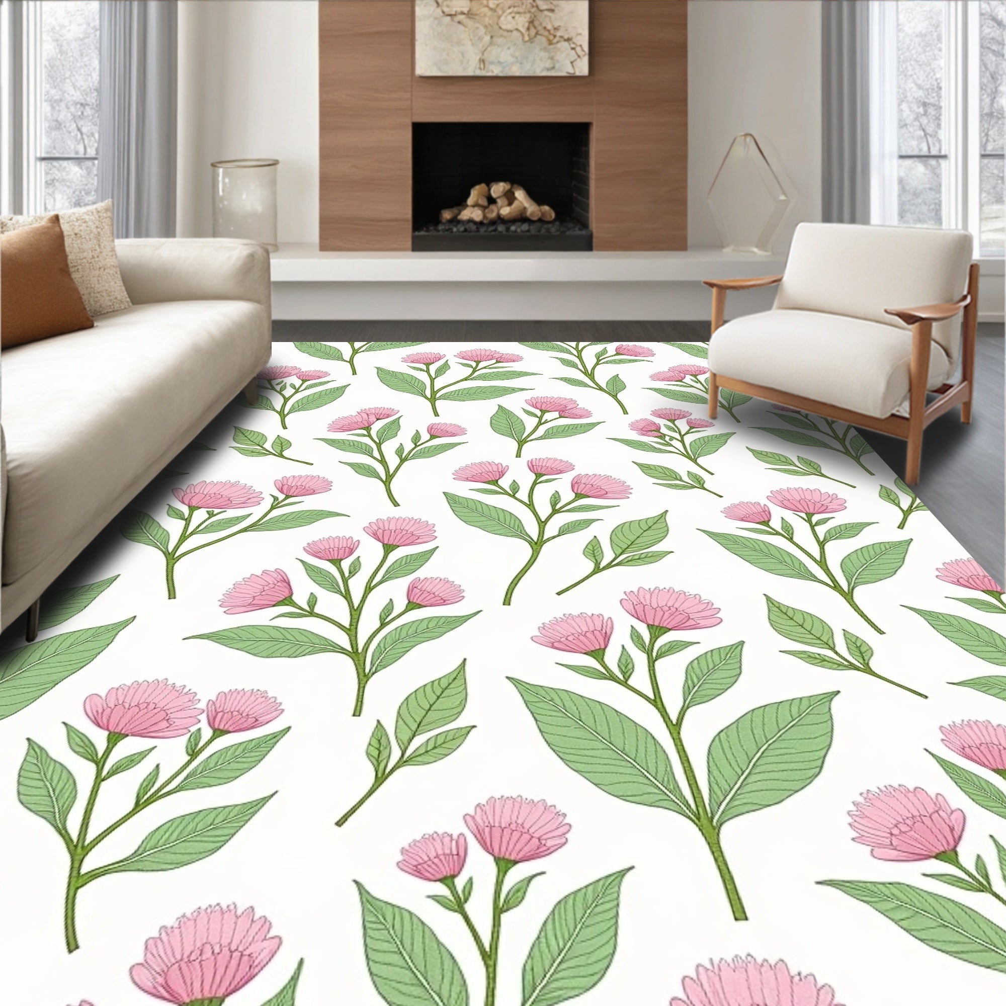 Pastel Pink Flowers Scattered Pattern Rug
