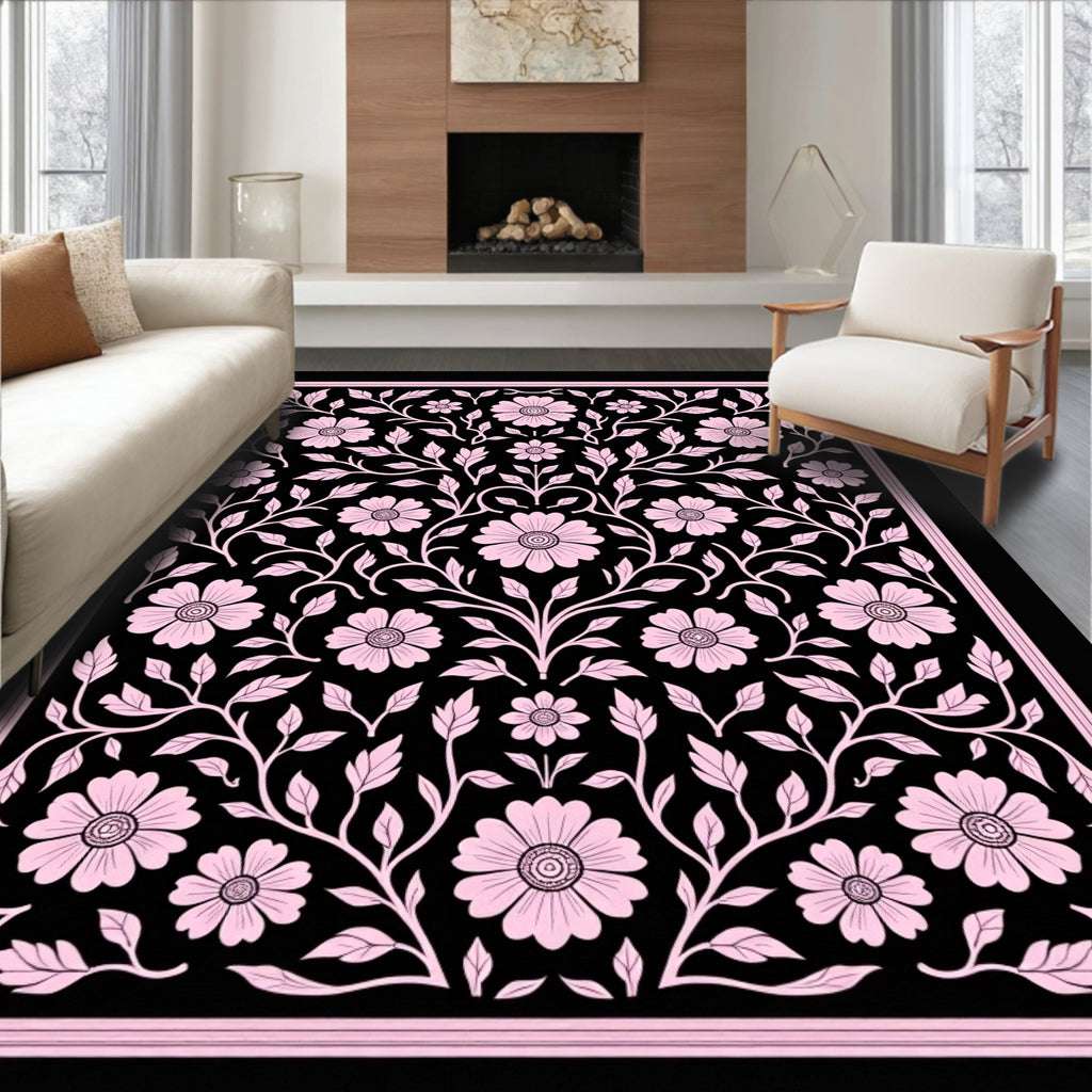 Pink Floral Vine Scroll Design Rug
