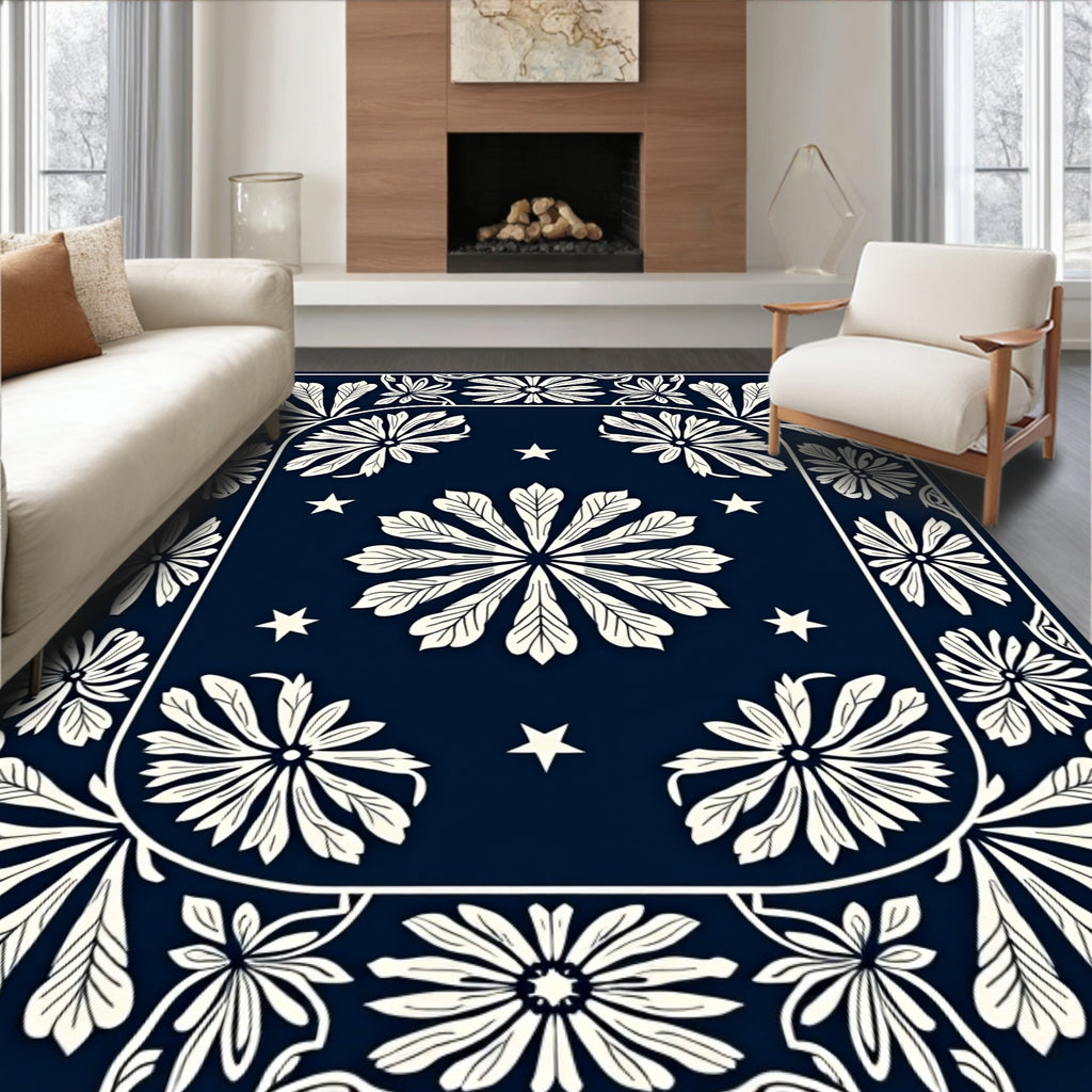 Navy Ivory Floral Star Pattern Rug