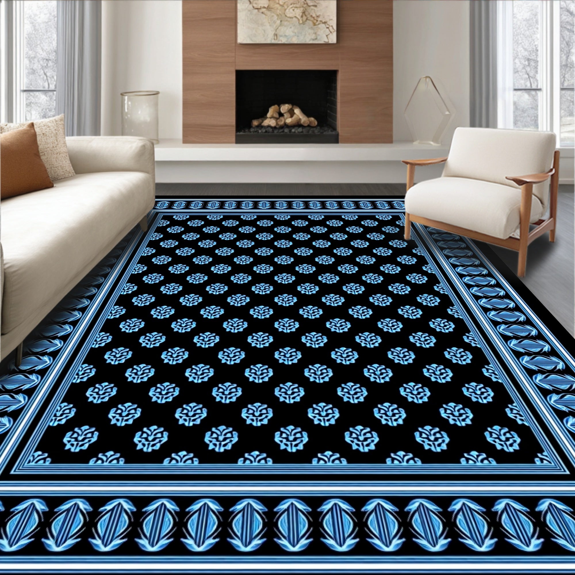 Traditional Blue Floral Repeating Pattern Rug